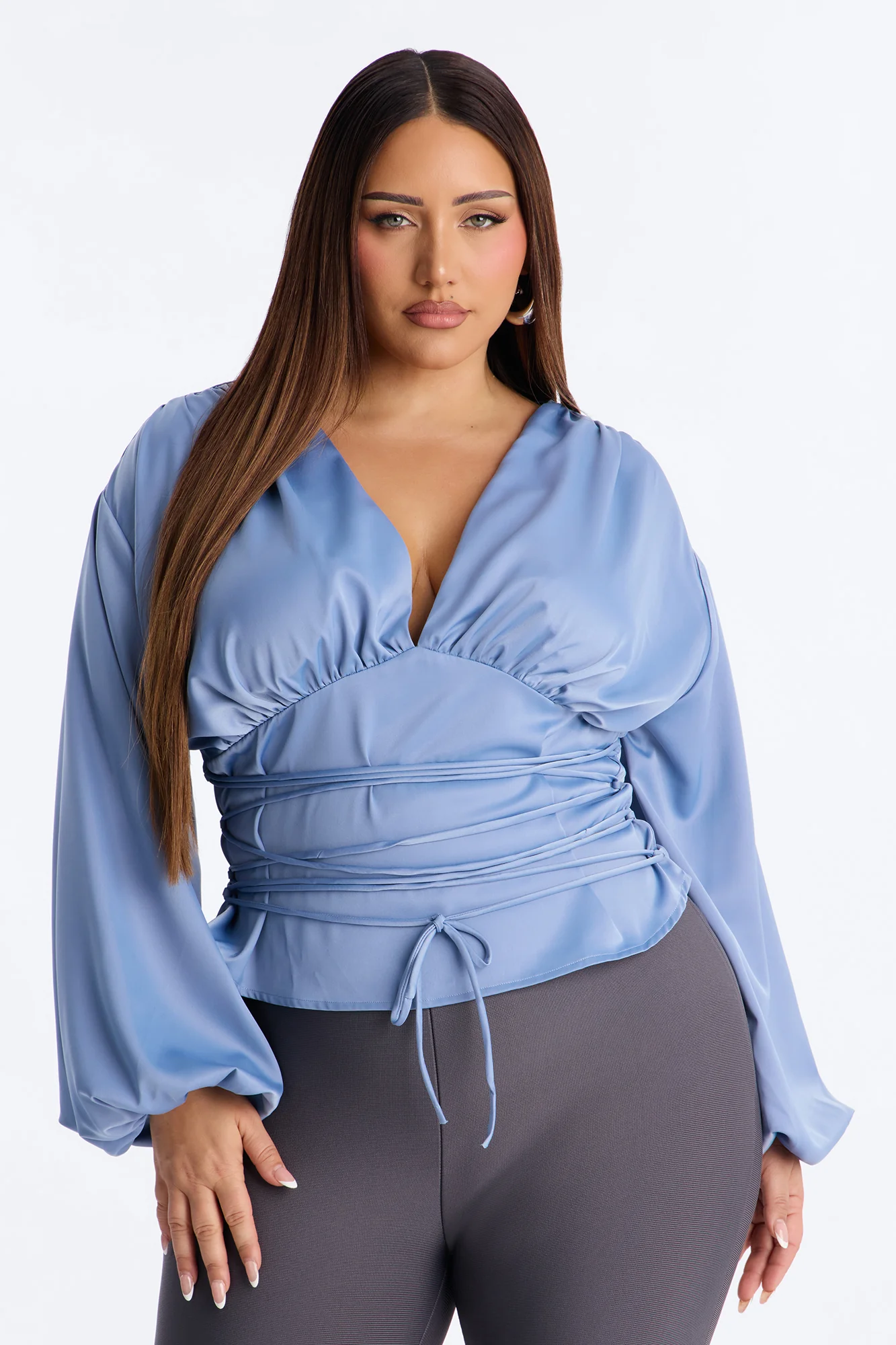 Out And About Lace Up Satin Blouse - Periwinkle - Image 4
