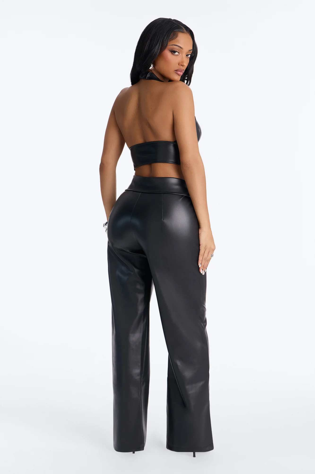 Out For The Night Faux Leather Halter Pant Set - Black - Image 4