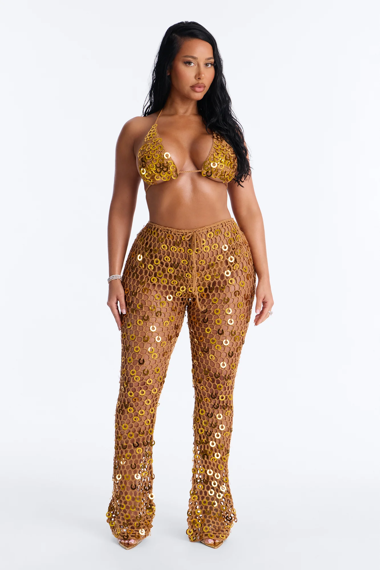 Out Here Bikini And Coverup Pant Set - Gold