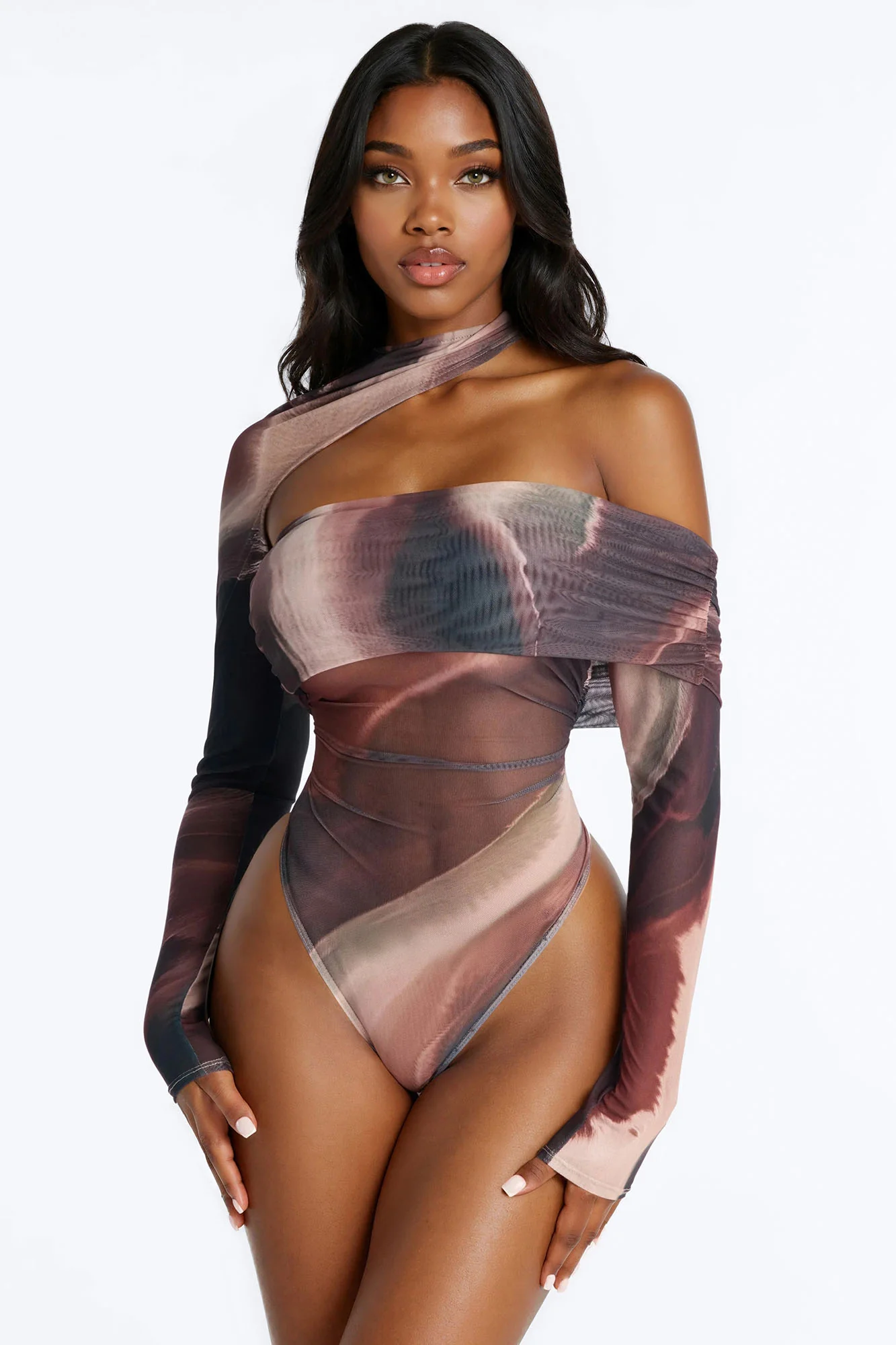Out Of Focus Mesh Off Shoulder Long Sleeve Bodysuit - Multi Color