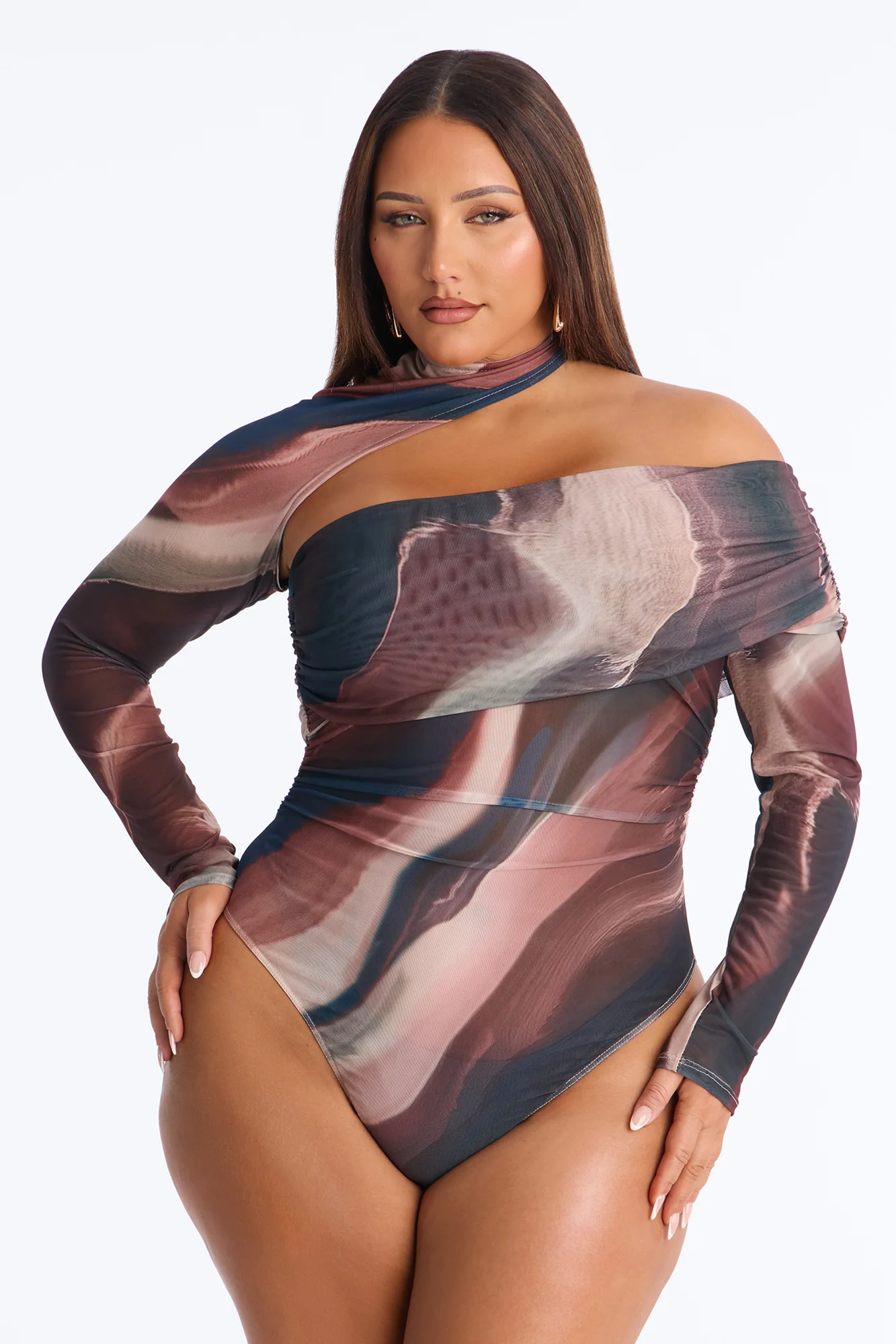 Out Of Focus Mesh Off Shoulder Long Sleeve Bodysuit - Multi Color - Image 5