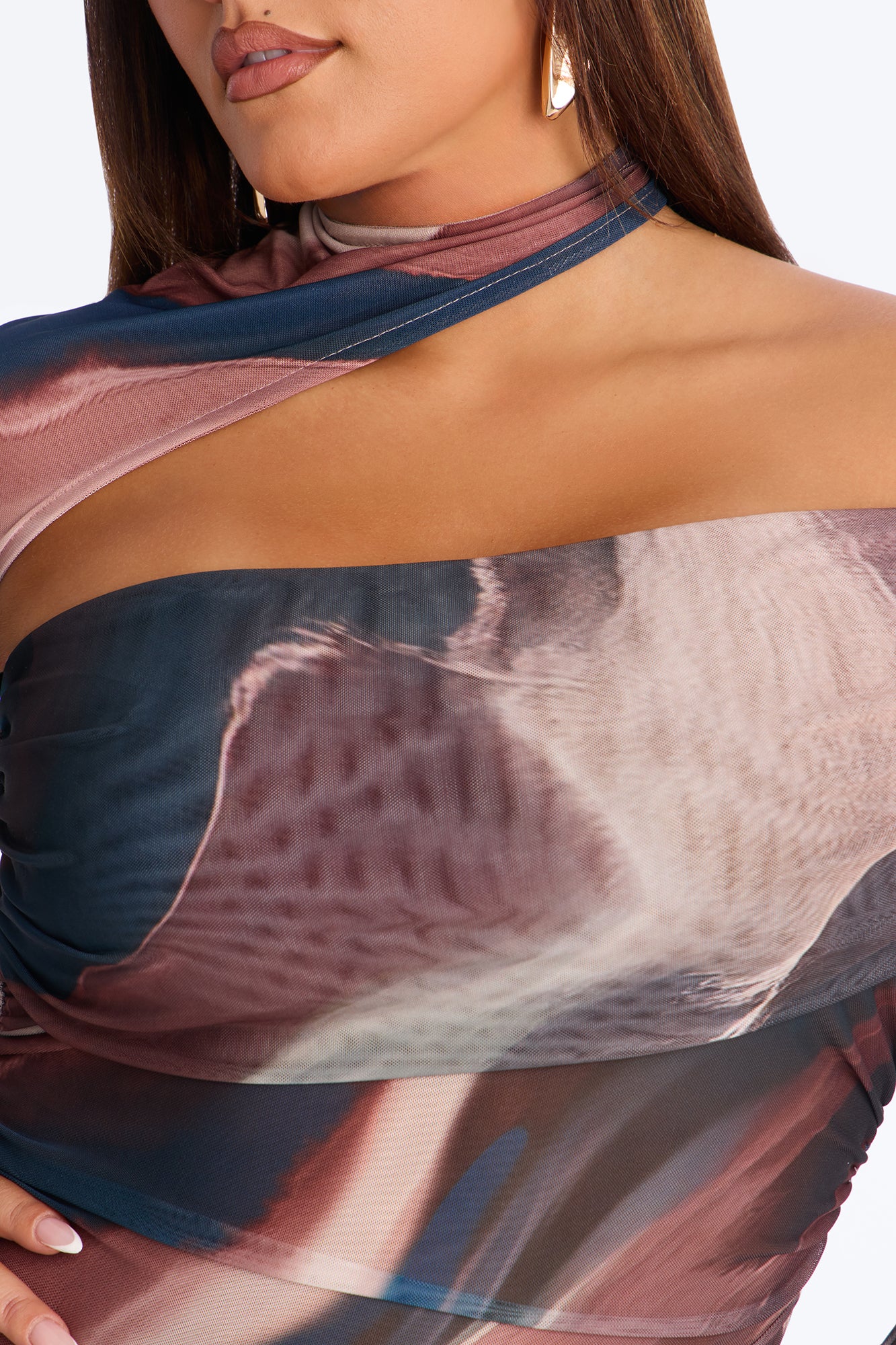 Out Of Focus Mesh Off Shoulder Long Sleeve Bodysuit - Multi Color - Image 7