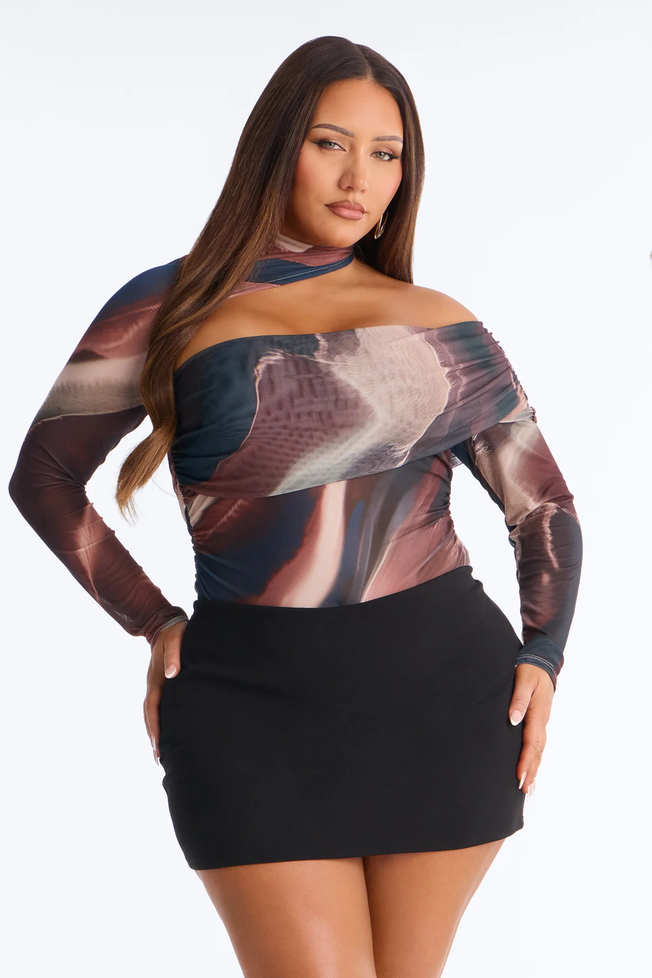 Out Of Focus Mesh Off Shoulder Long Sleeve Bodysuit - Multi Color - Image 8