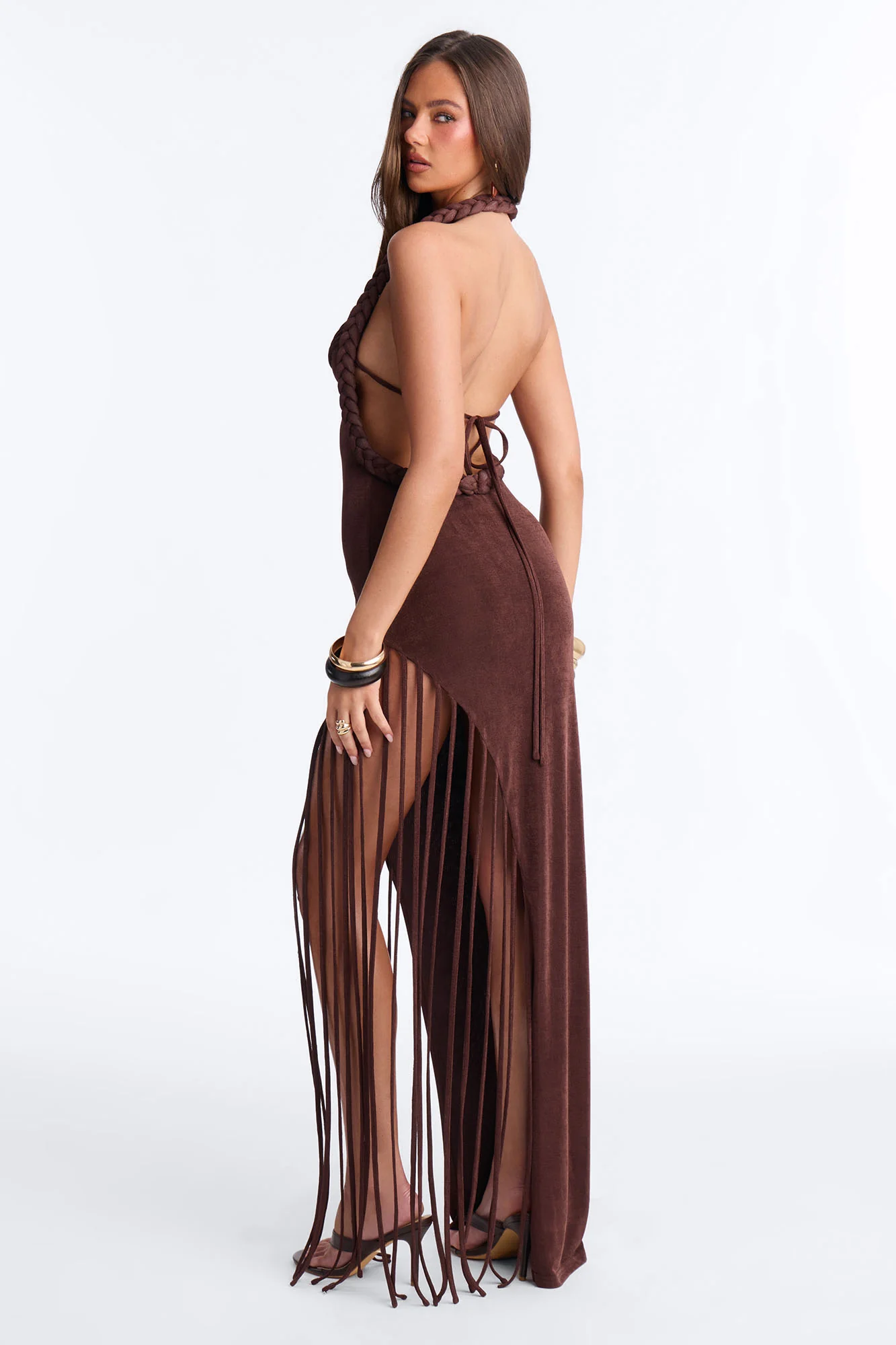 Out Of Reach Fringe Halter Maxi Dress - Chocolate - Image 4