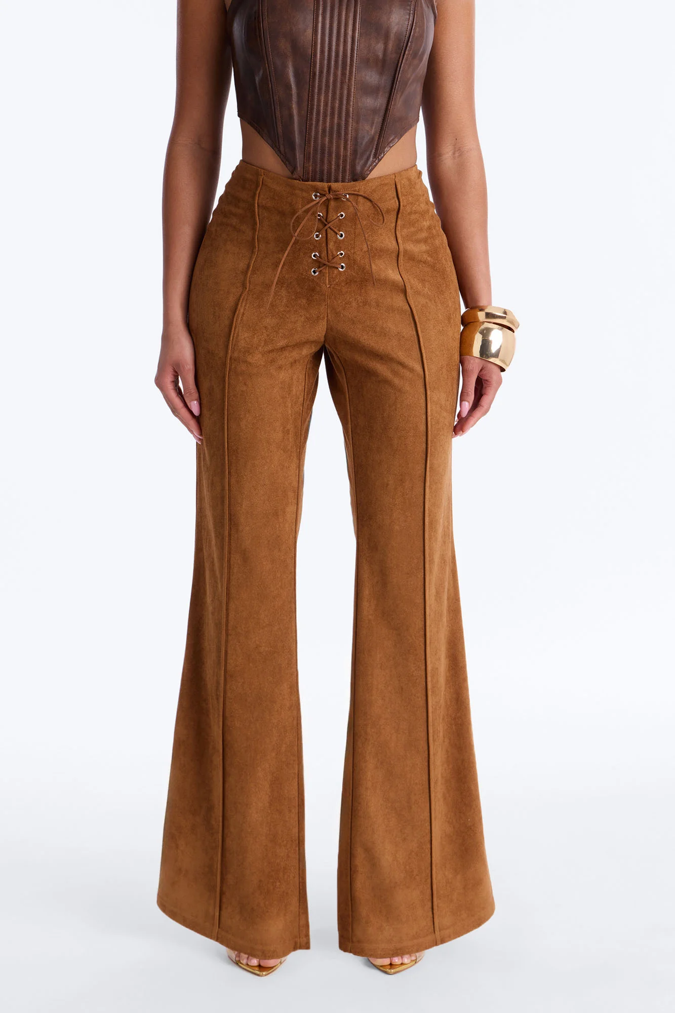Out West Faux Suede Lace Front Straight Leg Pant - Camel - Image 2