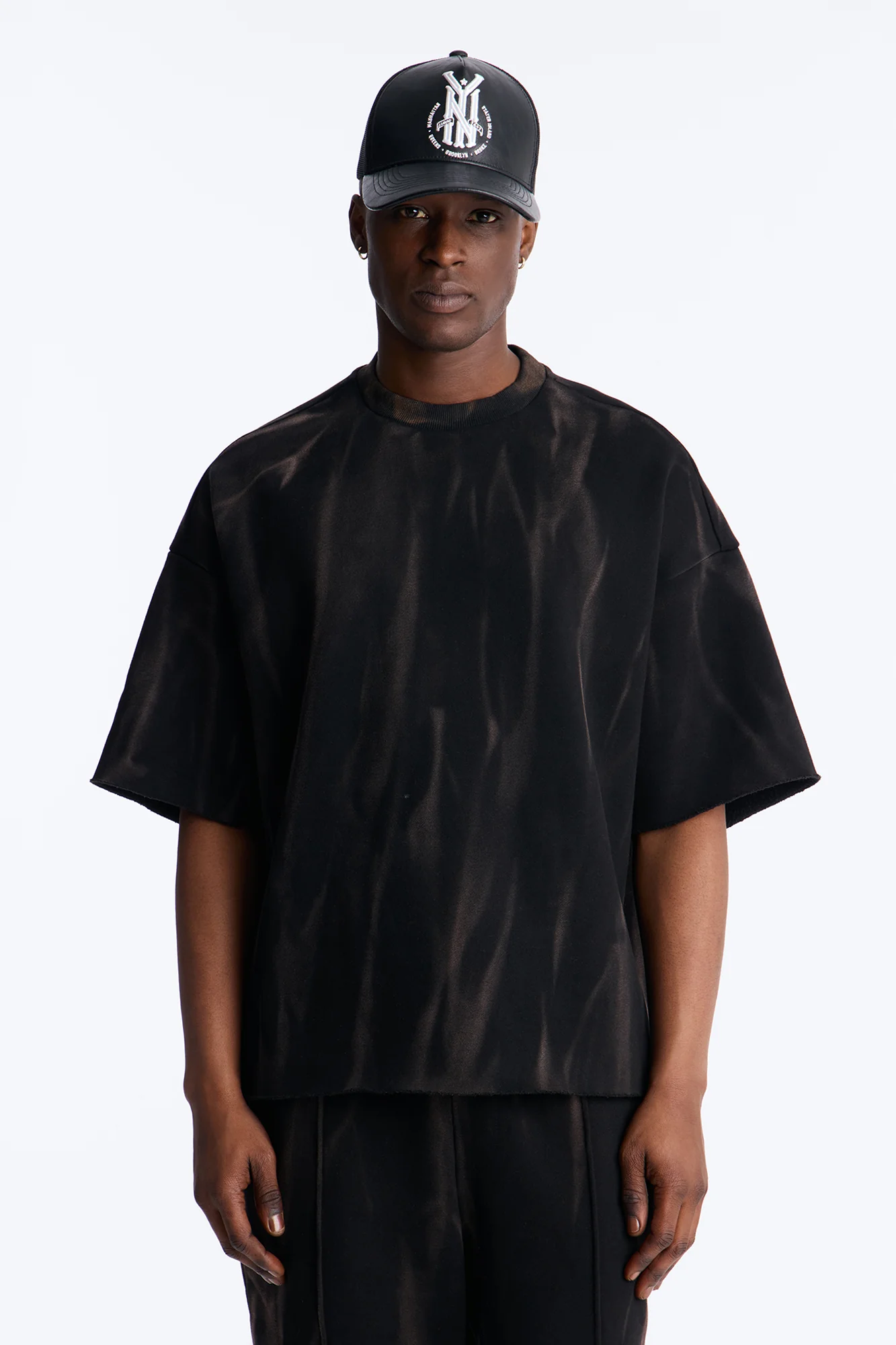 Oversized Bleach Washed Short Sleeve Fleece Tee - Black