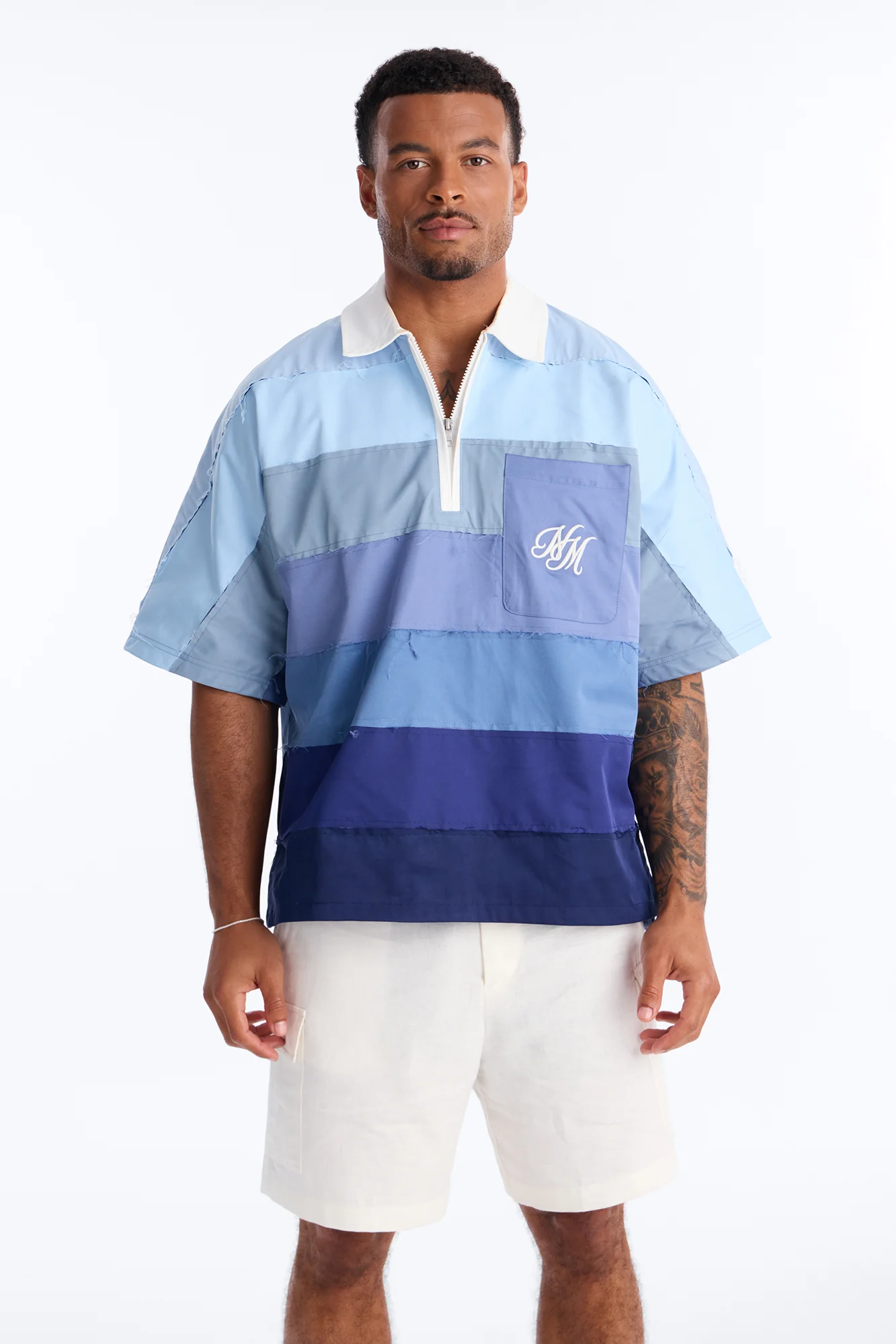 Oversized Frayed Zip Collar Polo - Blue