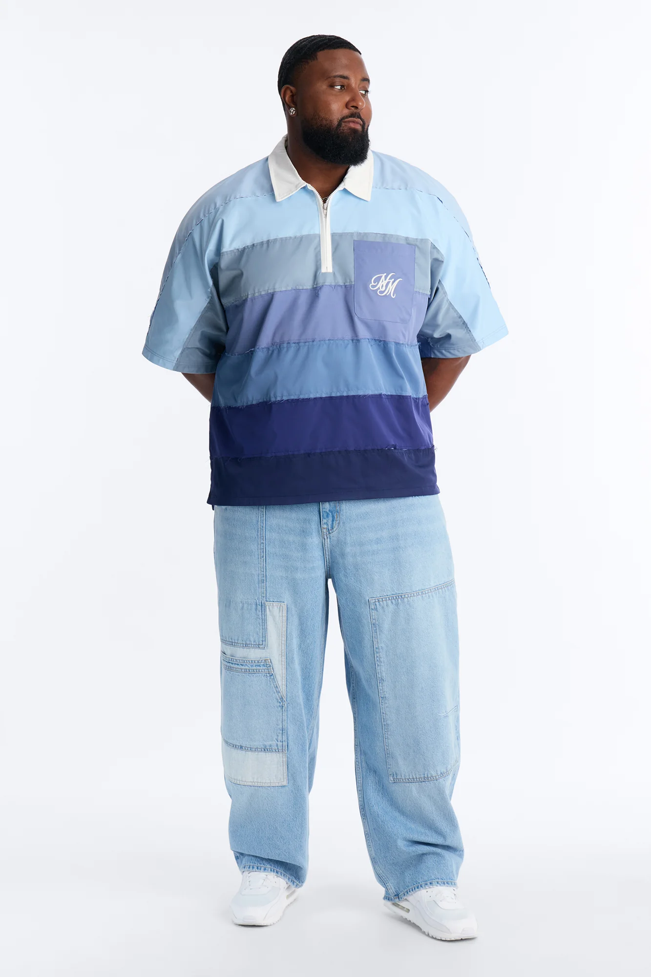Oversized Frayed Zip Collar Polo - Blue - Image 5
