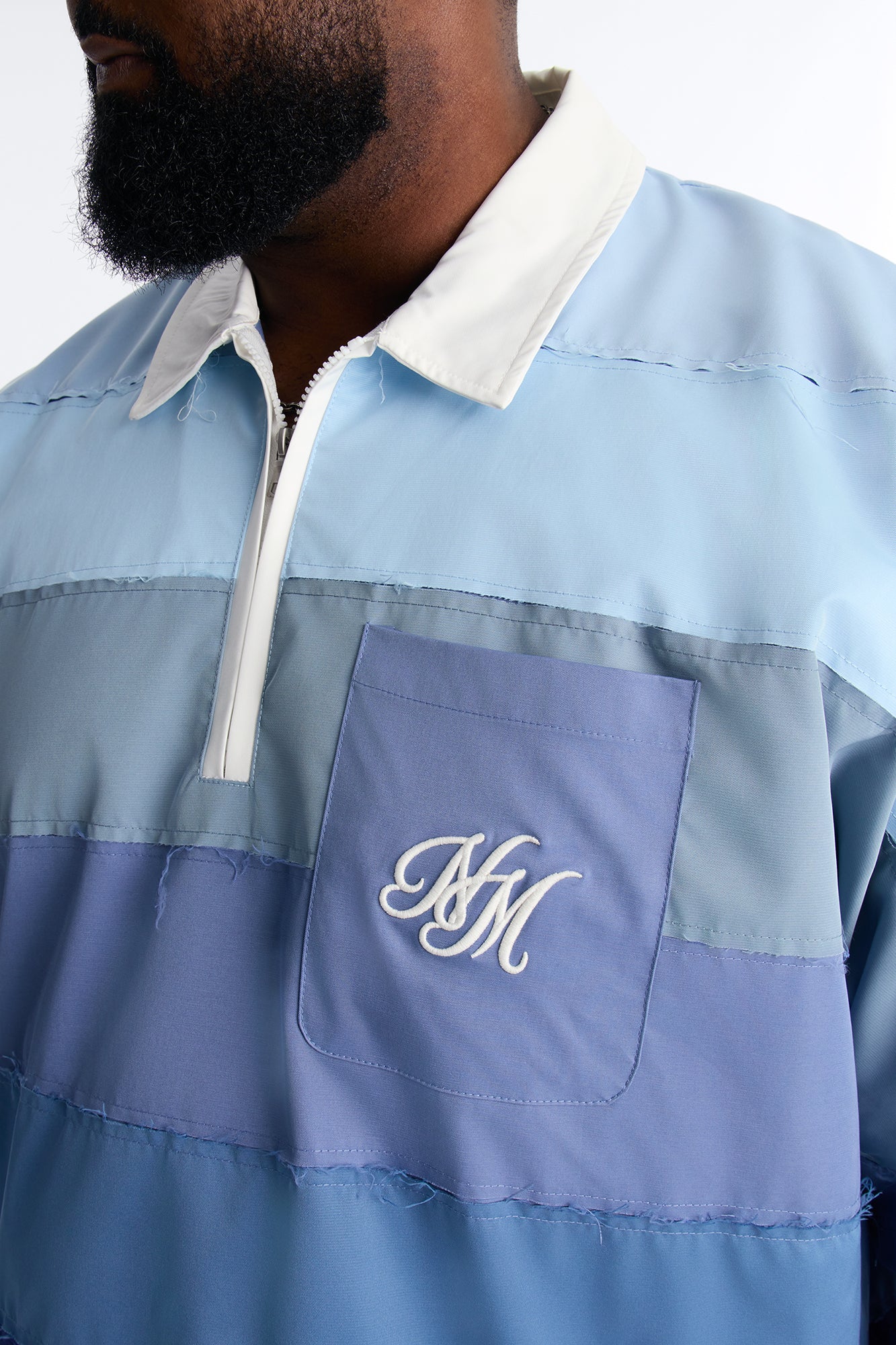 Oversized Frayed Zip Collar Polo - Blue - Image 6