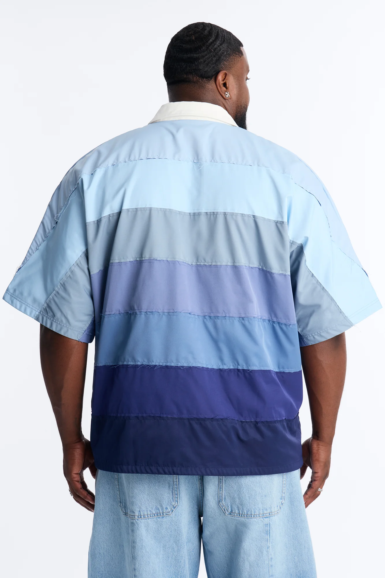 Oversized Frayed Zip Collar Polo - Blue - Image 8
