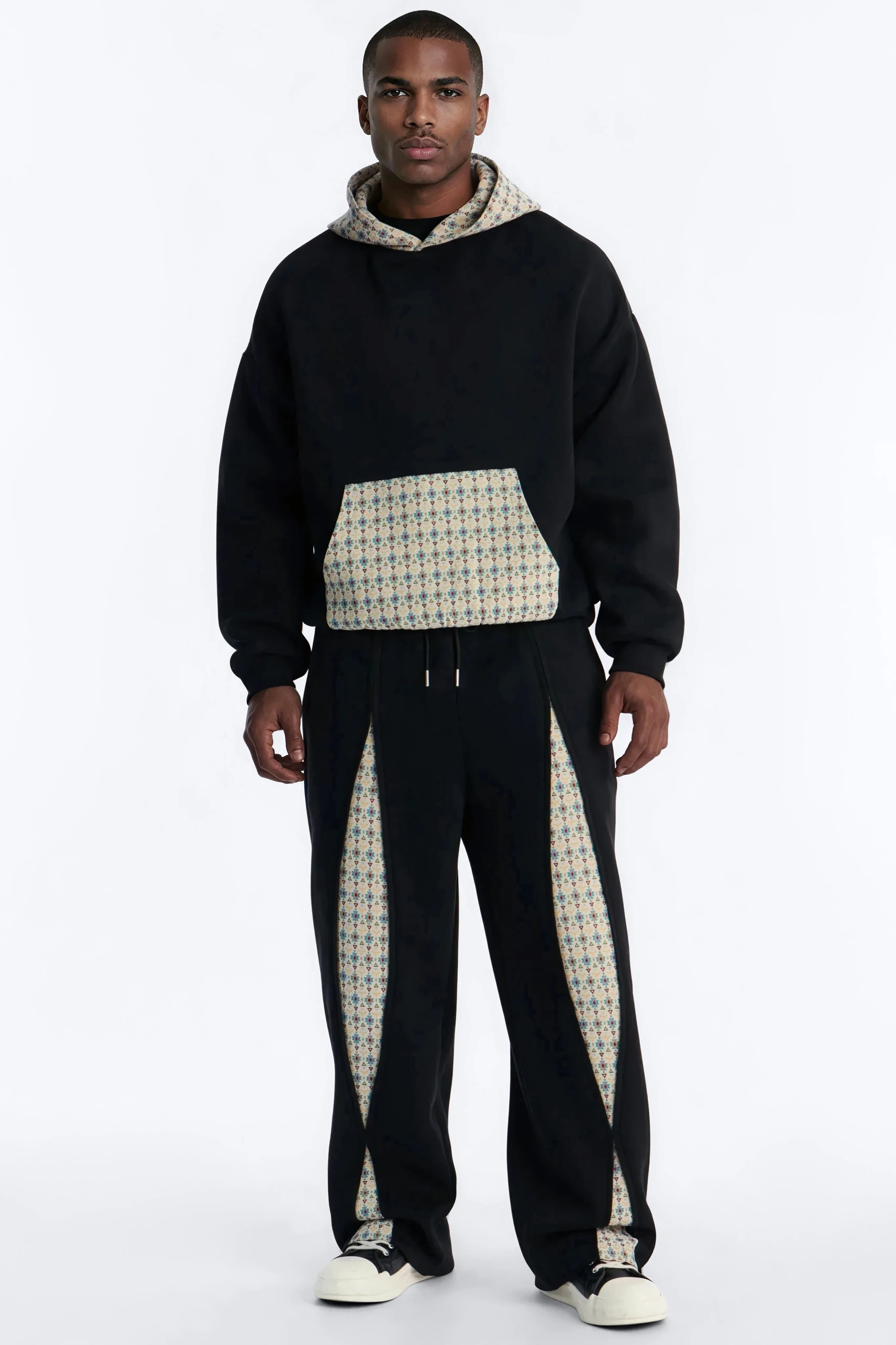 Oversized Mixed Media Tapestry Paneled Hoodie - Black - Image 2