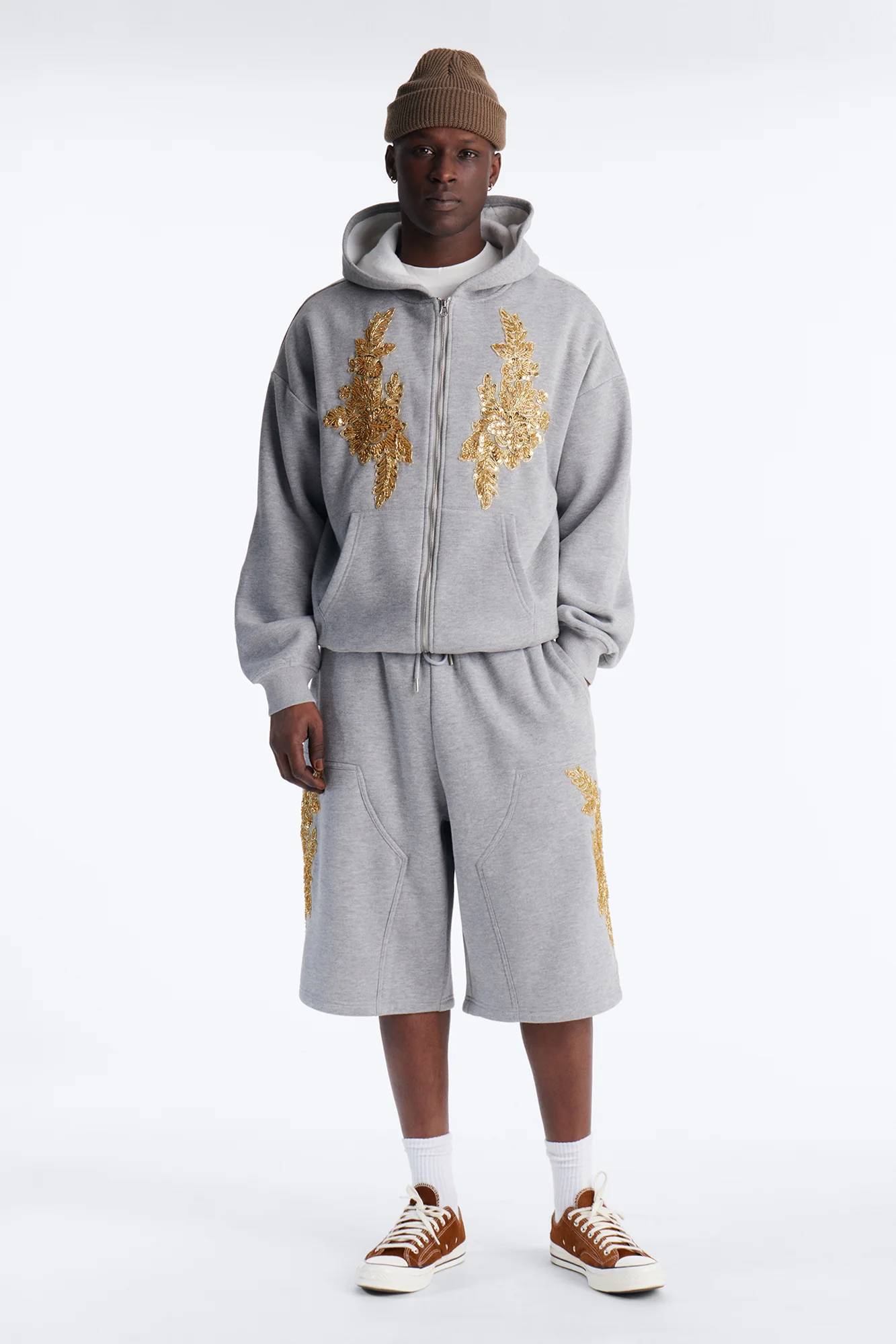 Oversized Rogue Sequin Applique Zip Up Hoodie - Grey - Image 2