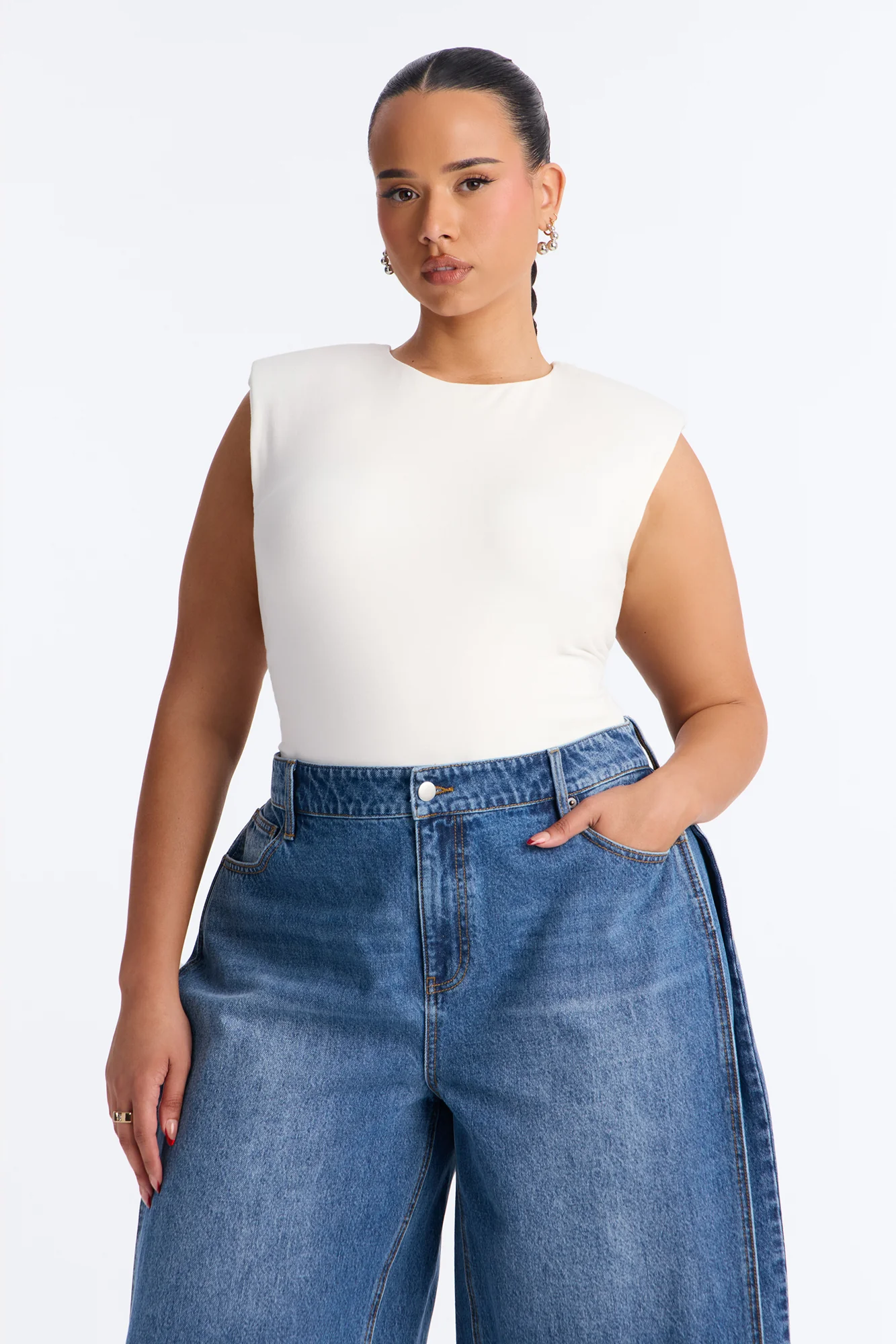 Owning It Shoulder Pad Sleeveless Bodysuit - White - Image 8