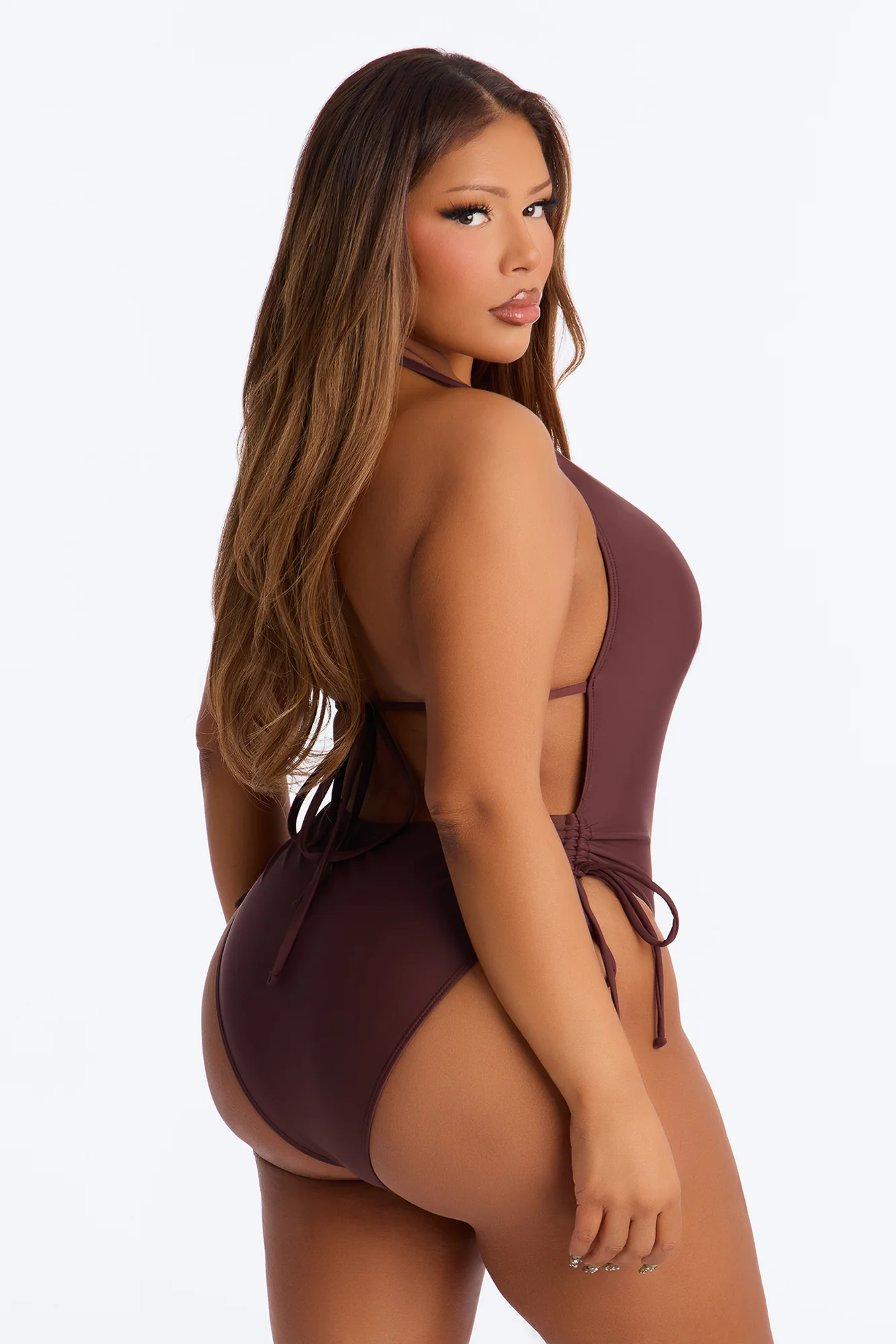 Paige Hardware Deep V-Neck Side Ruching 1 Piece Swimsuit - Brown - Image 7