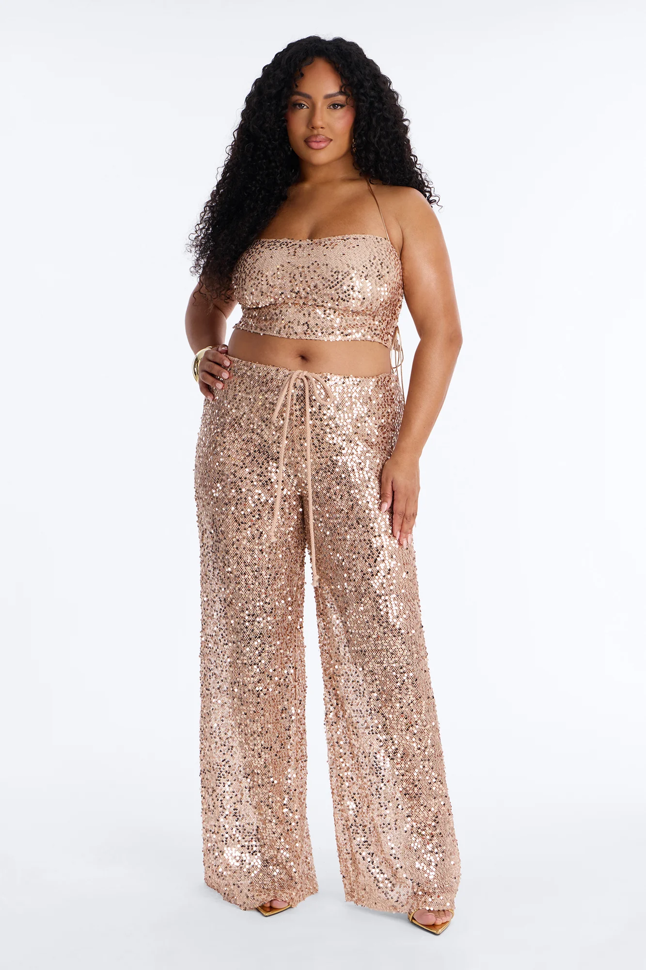 Paige Sequin Crochet Halter Pant Set - Gold - Image 5