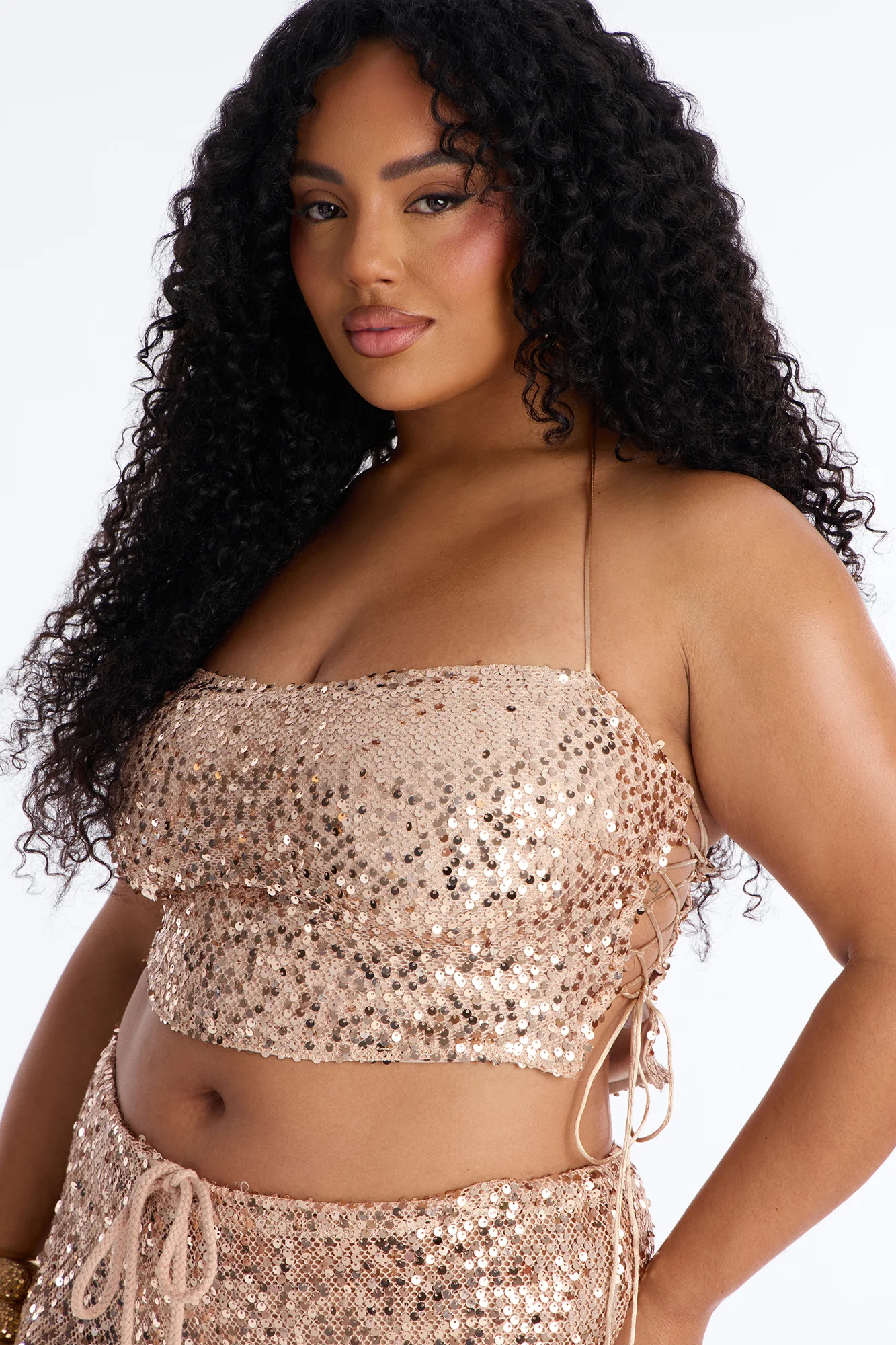 Paige Sequin Crochet Halter Pant Set - Gold - Image 6