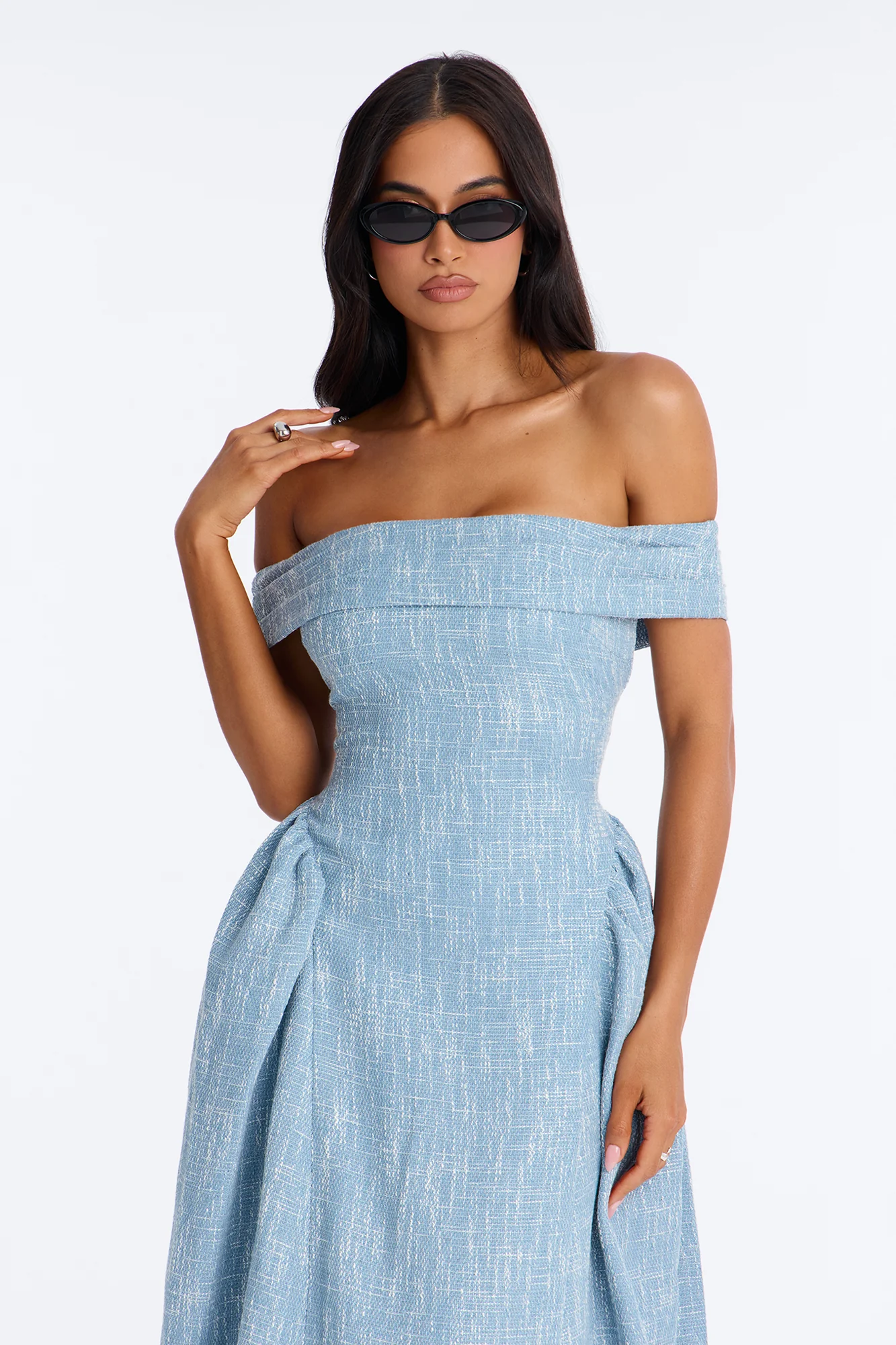 Paisley Off Shoulder Tweed Midi Dress - Denim - Image 2