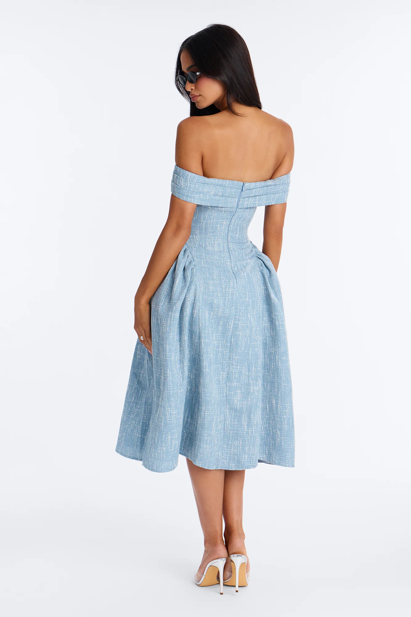 Paisley Off Shoulder Tweed Midi Dress - Denim - Image 4