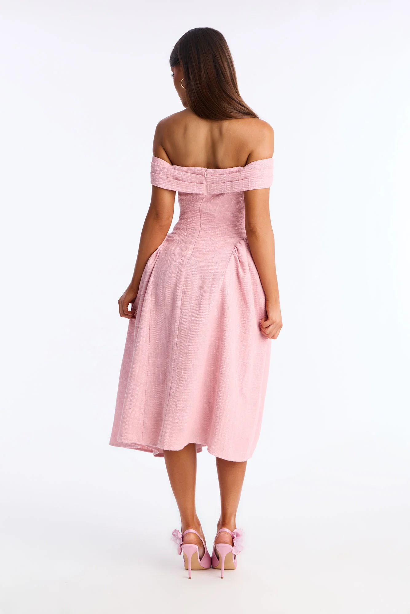 Paisley Off Shoulder Tweed Midi Dress - Pink - Image 3