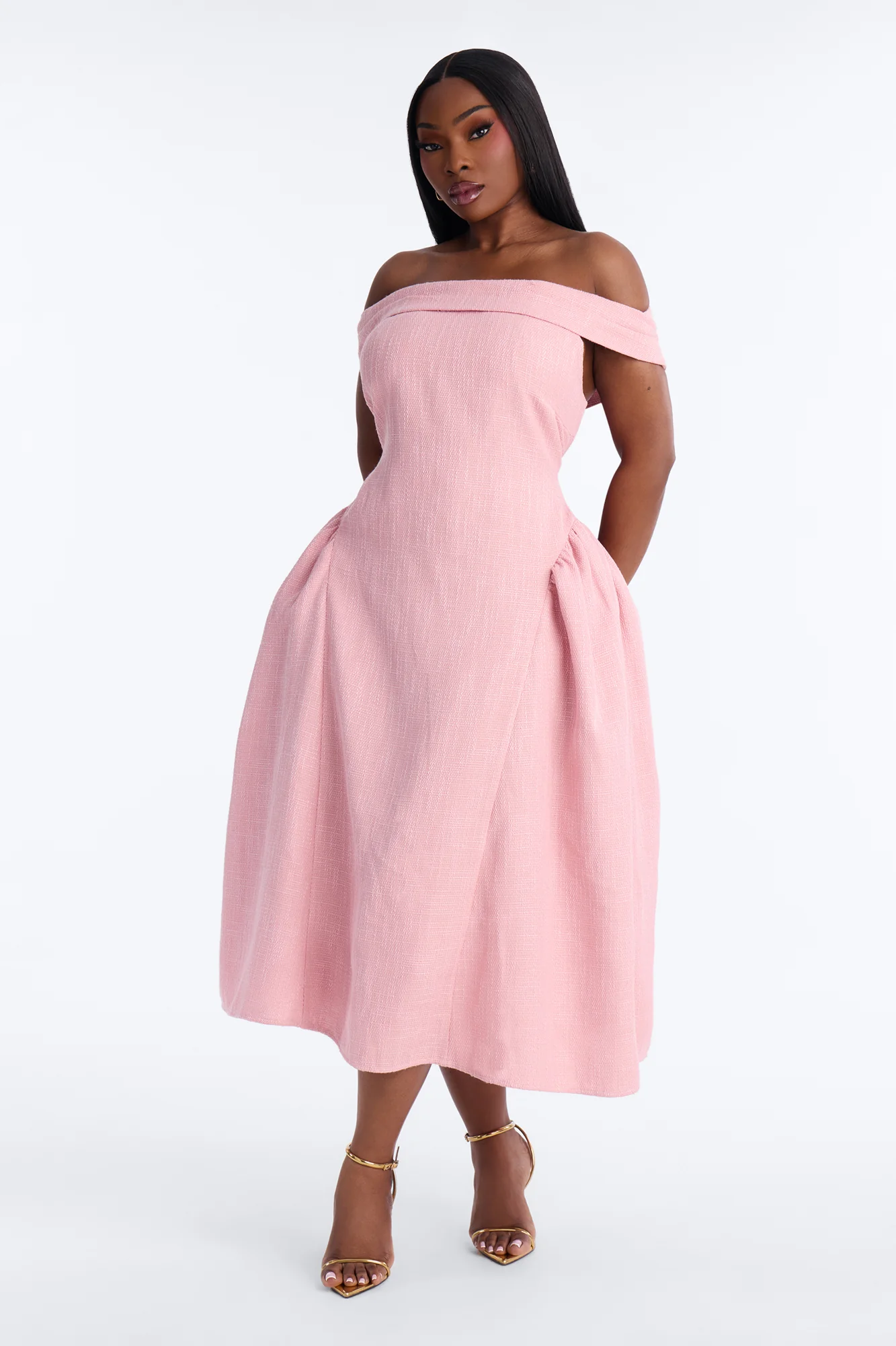 Paisley Off Shoulder Tweed Midi Dress - Pink - Image 4