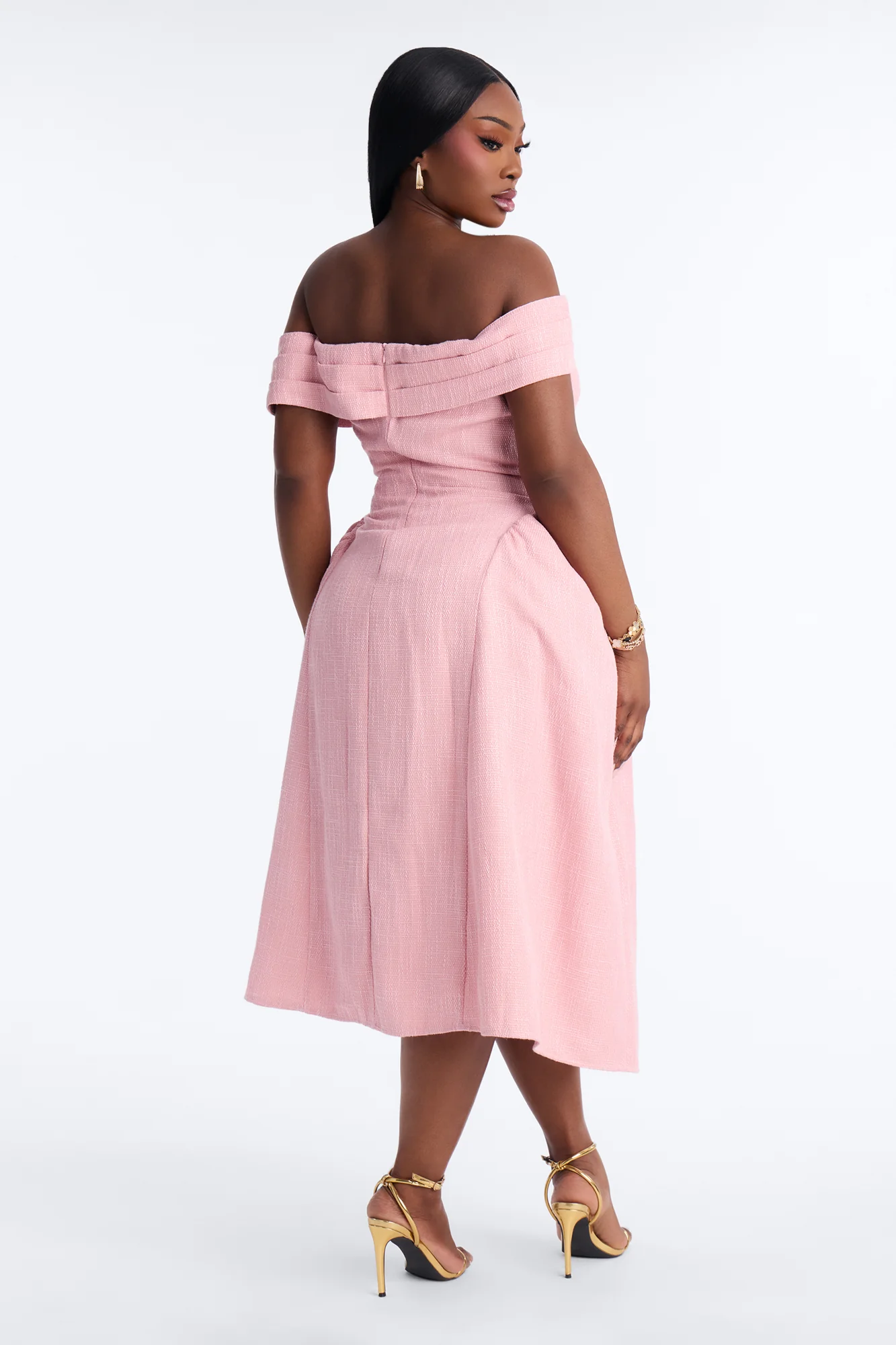 Paisley Off Shoulder Tweed Midi Dress - Pink - Image 6