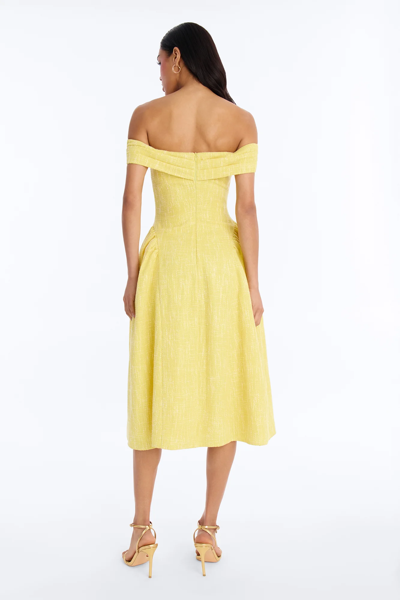 Paisley Off Shoulder Tweed Midi Dress - Yellow - Image 4