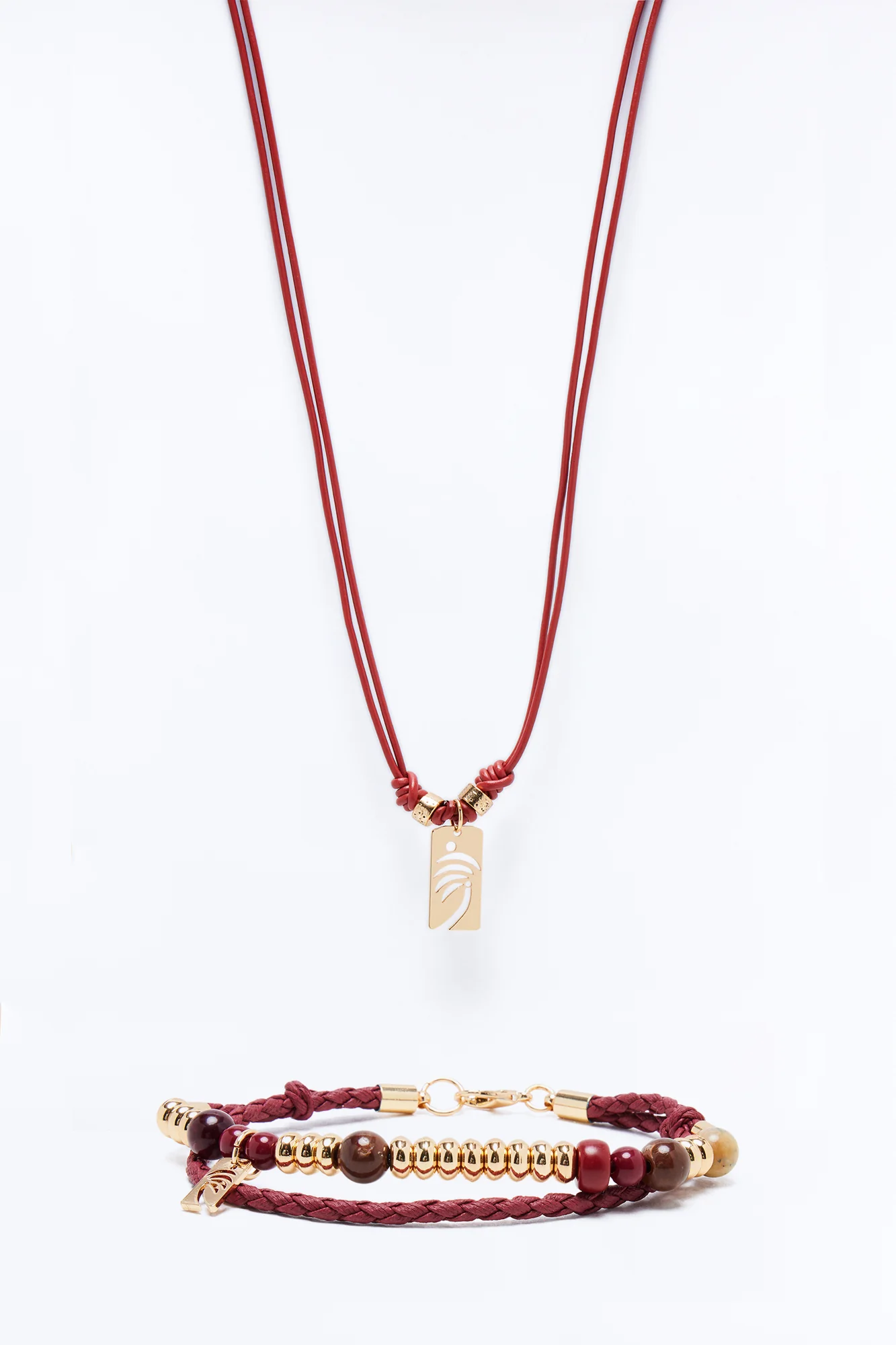Palm Faux Leather Cording Necklace And Bracelet Set - Burgundy - Image 4