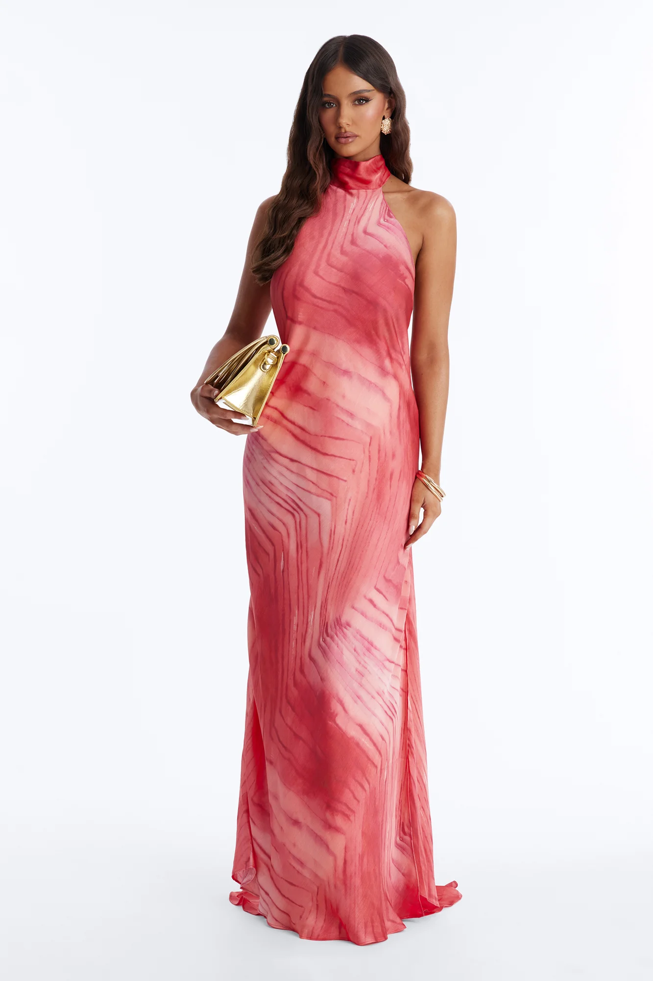 Palm Paradise Backless Satin Maxi Dress - Coral/combo
