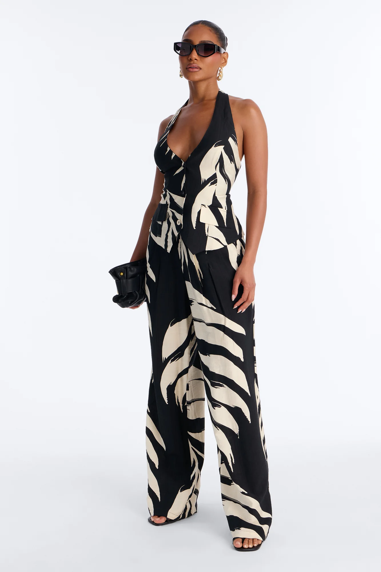 Palm Shadows Linen Belted Pant Set - Black/combo