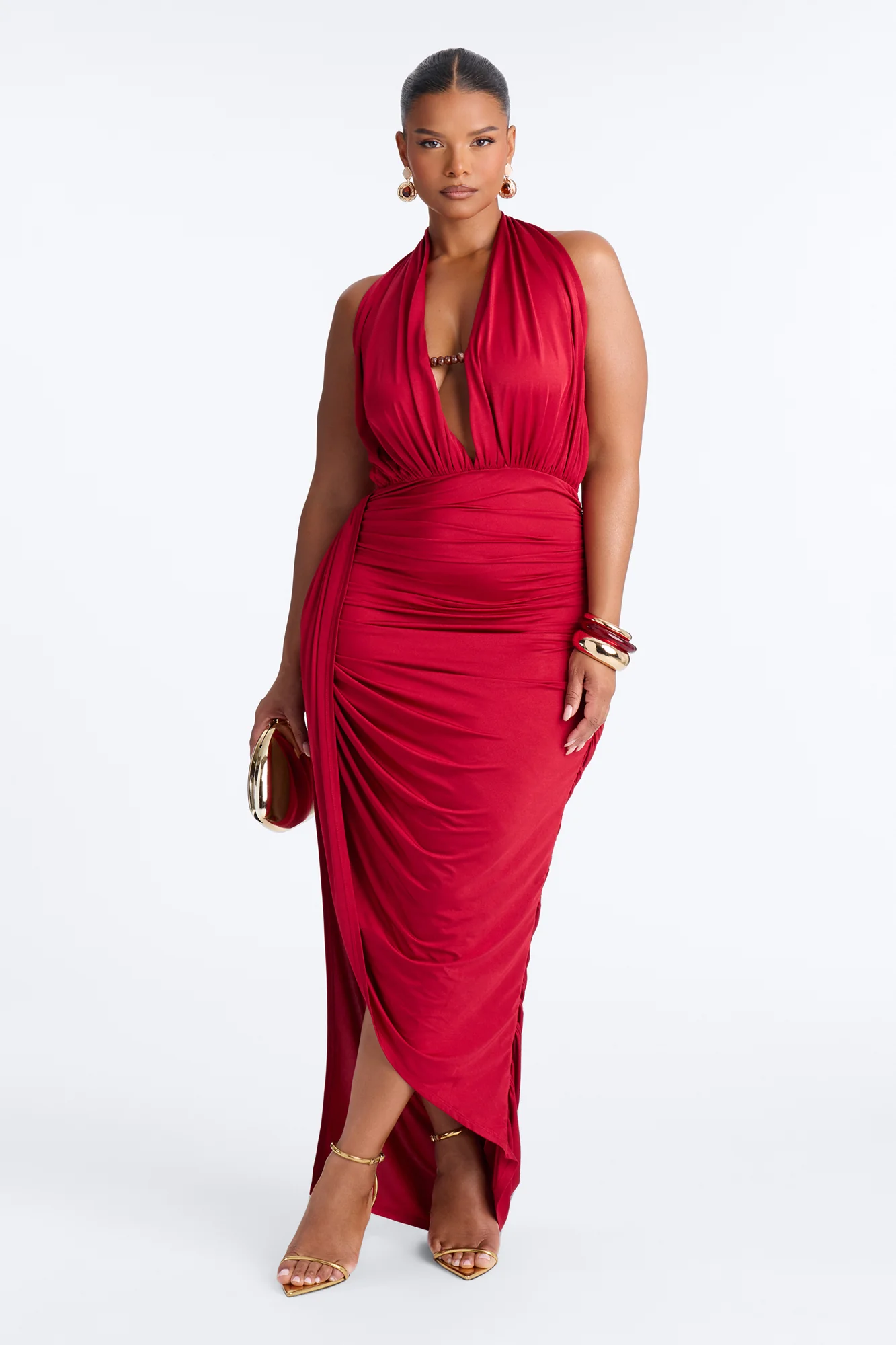 Palm Tree Paradise Ruched Maxi Dress - Red - Image 5