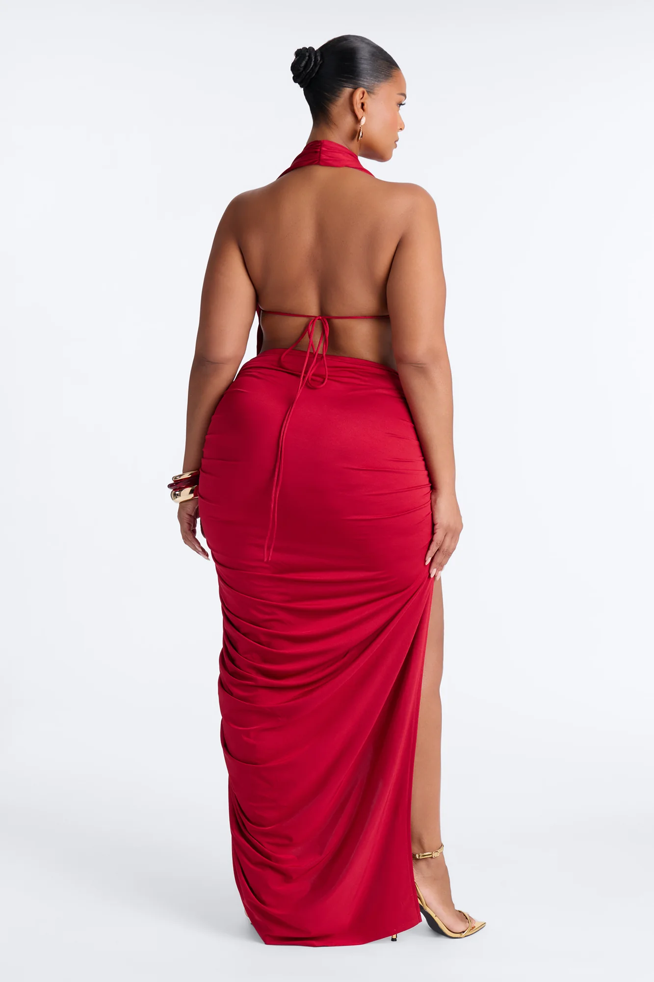Palm Tree Paradise Ruched Maxi Dress - Red - Image 8