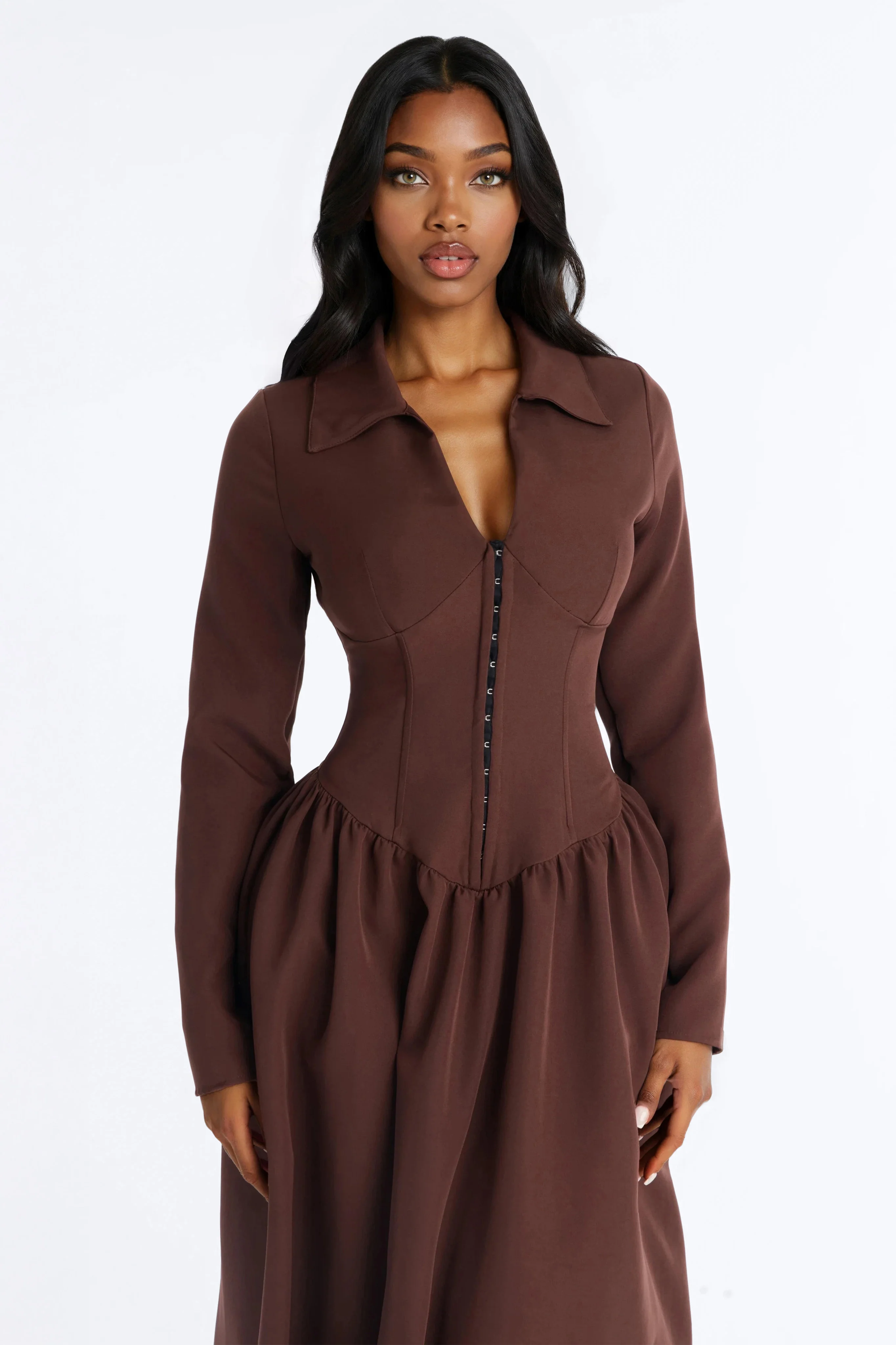 Paloma Corset Drop Waist Midi Dress - Brown - Image 2
