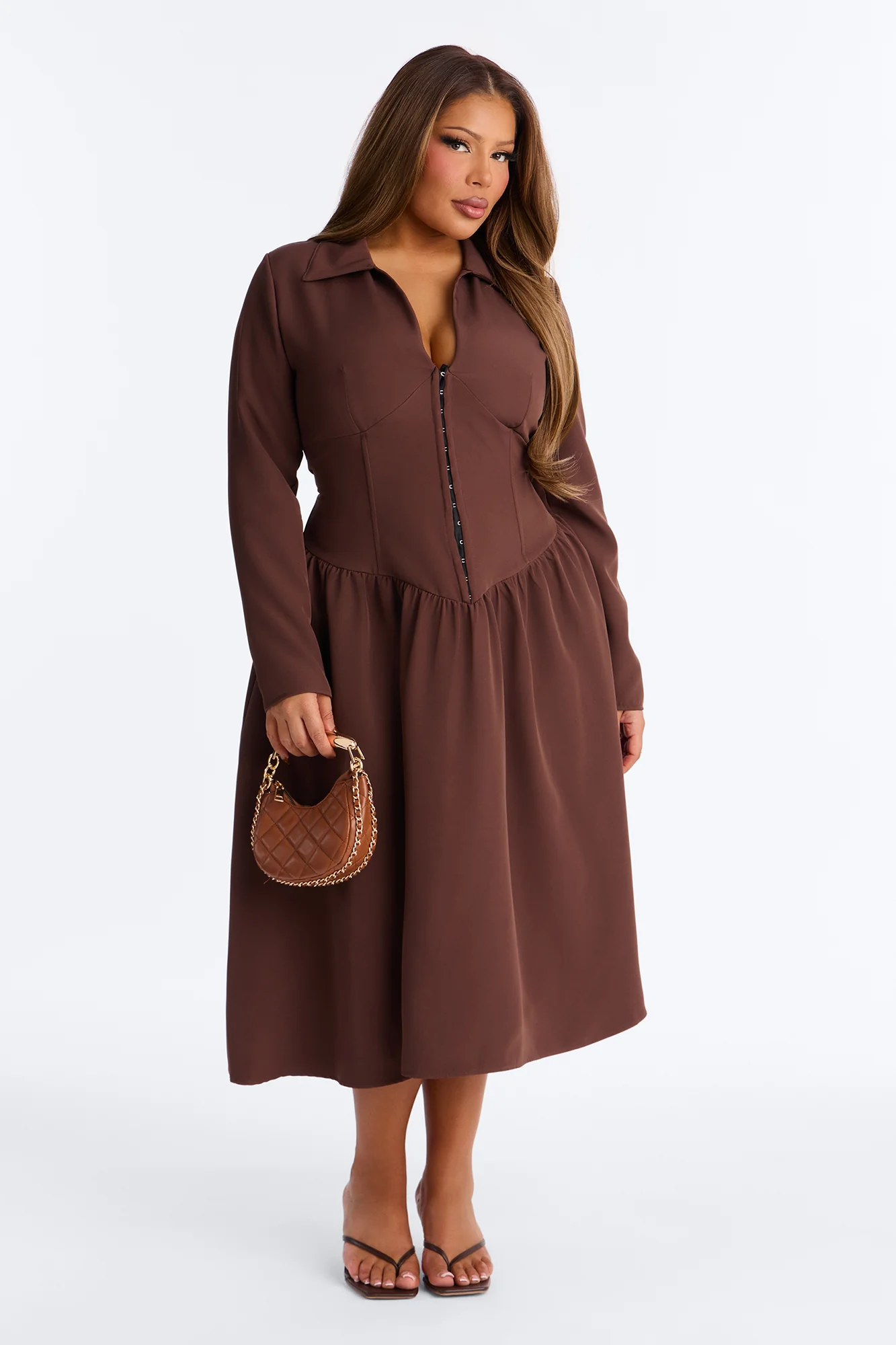 Paloma Corset Drop Waist Midi Dress - Brown - Image 5