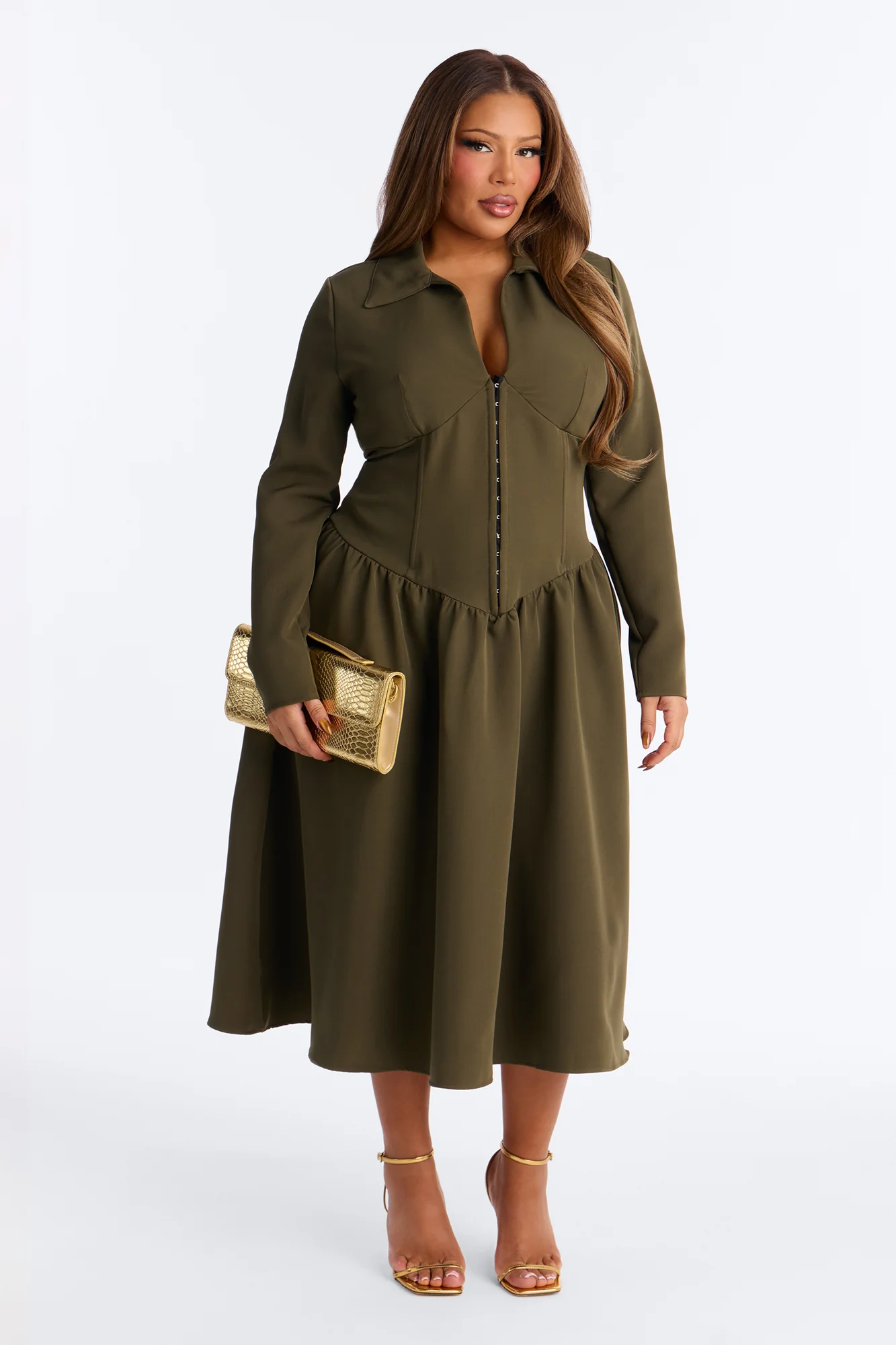 Paloma Corset Drop Waist Midi Dress - Olive - Image 5