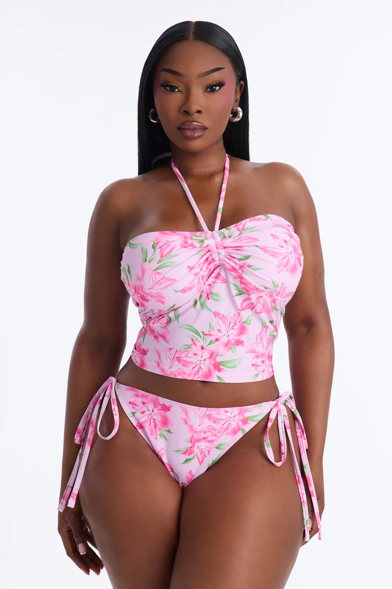 Paloma Floral 2 Piece Bandeau Tankini Bikini Set - Pink/combo - Image 4