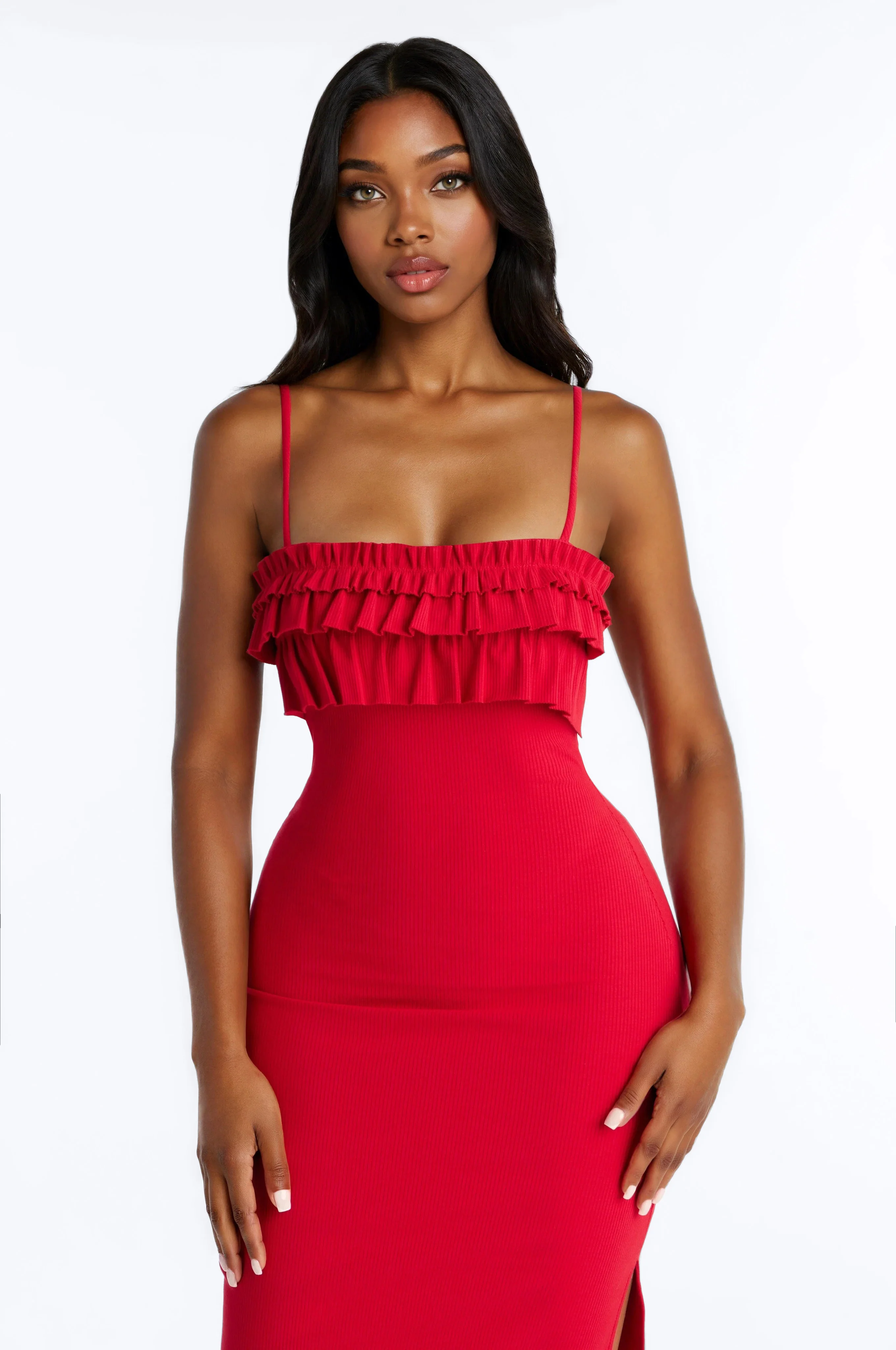 Paloma Ruffle Ribbed Midi Dress - Red - Image 2
