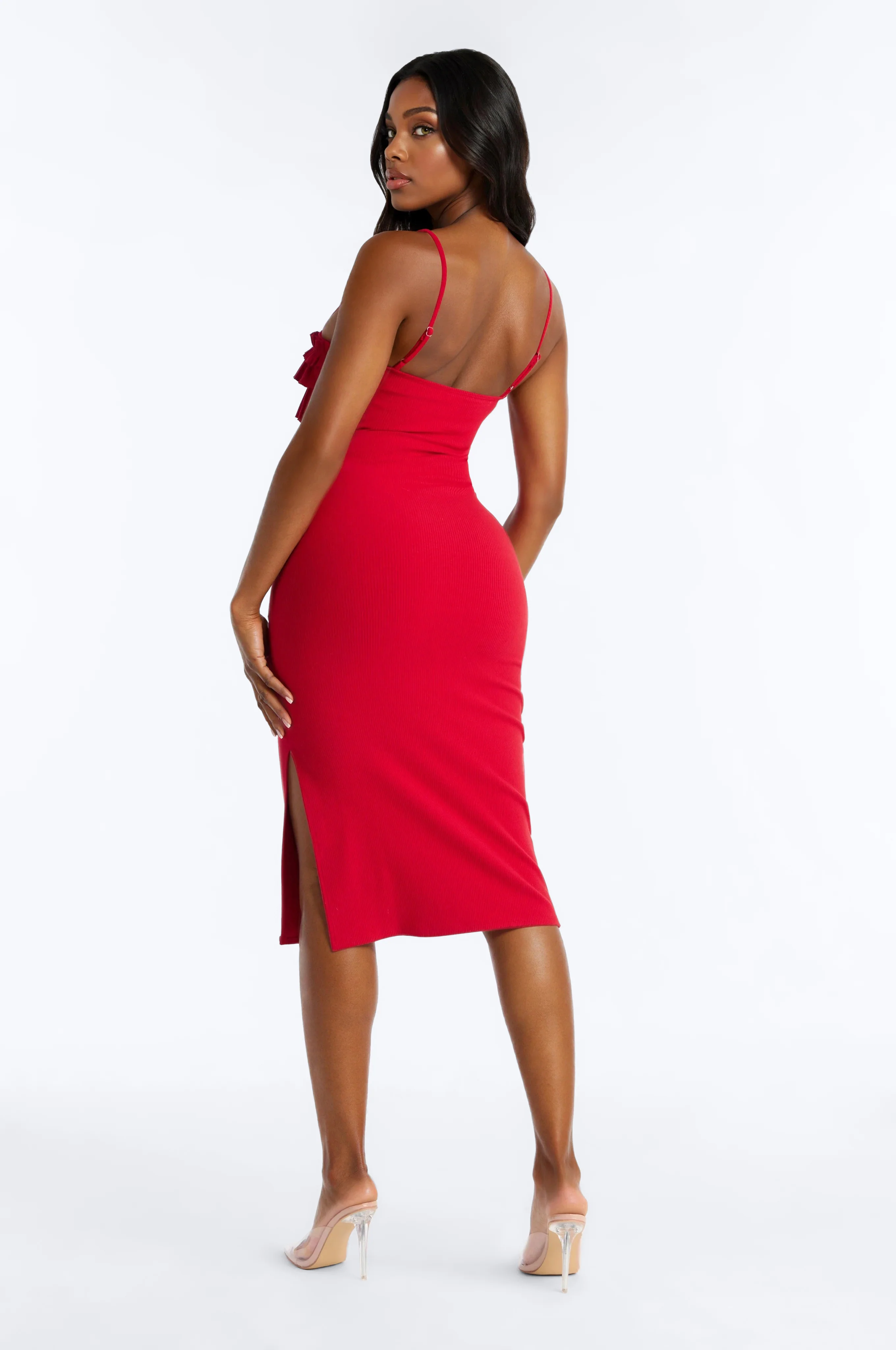 Paloma Ruffle Ribbed Midi Dress - Red - Image 4