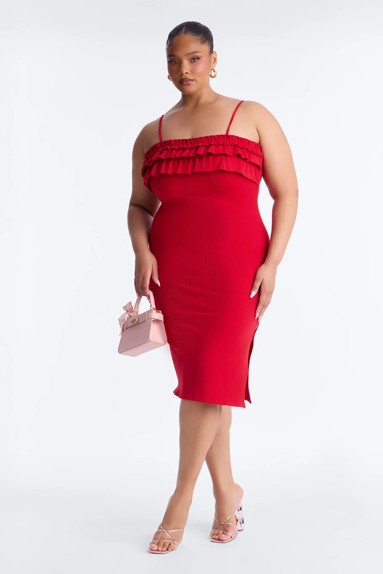 Paloma Ruffle Ribbed Midi Dress - Red - Image 5