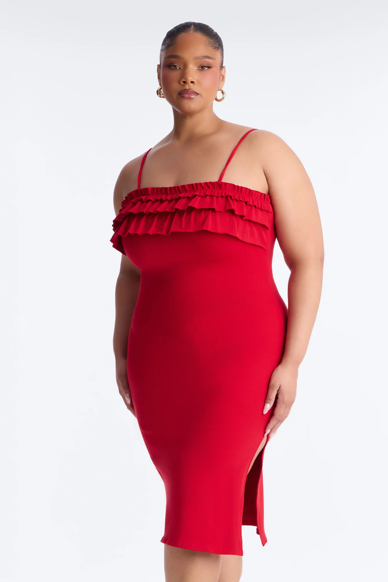 Paloma Ruffle Ribbed Midi Dress - Red - Image 6