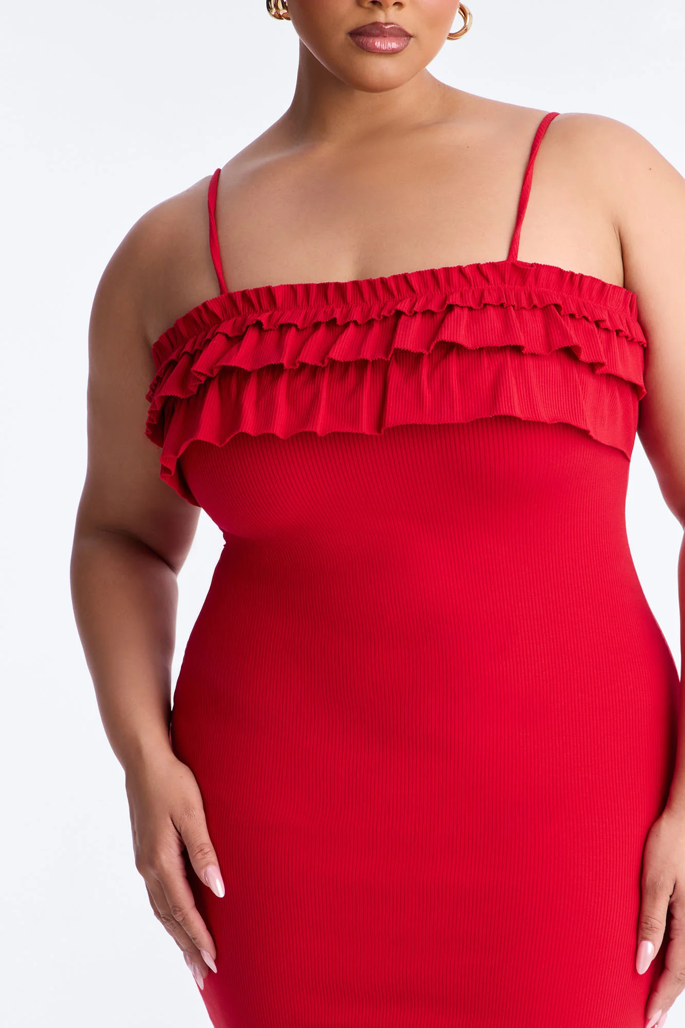 Paloma Ruffle Ribbed Midi Dress - Red - Image 7