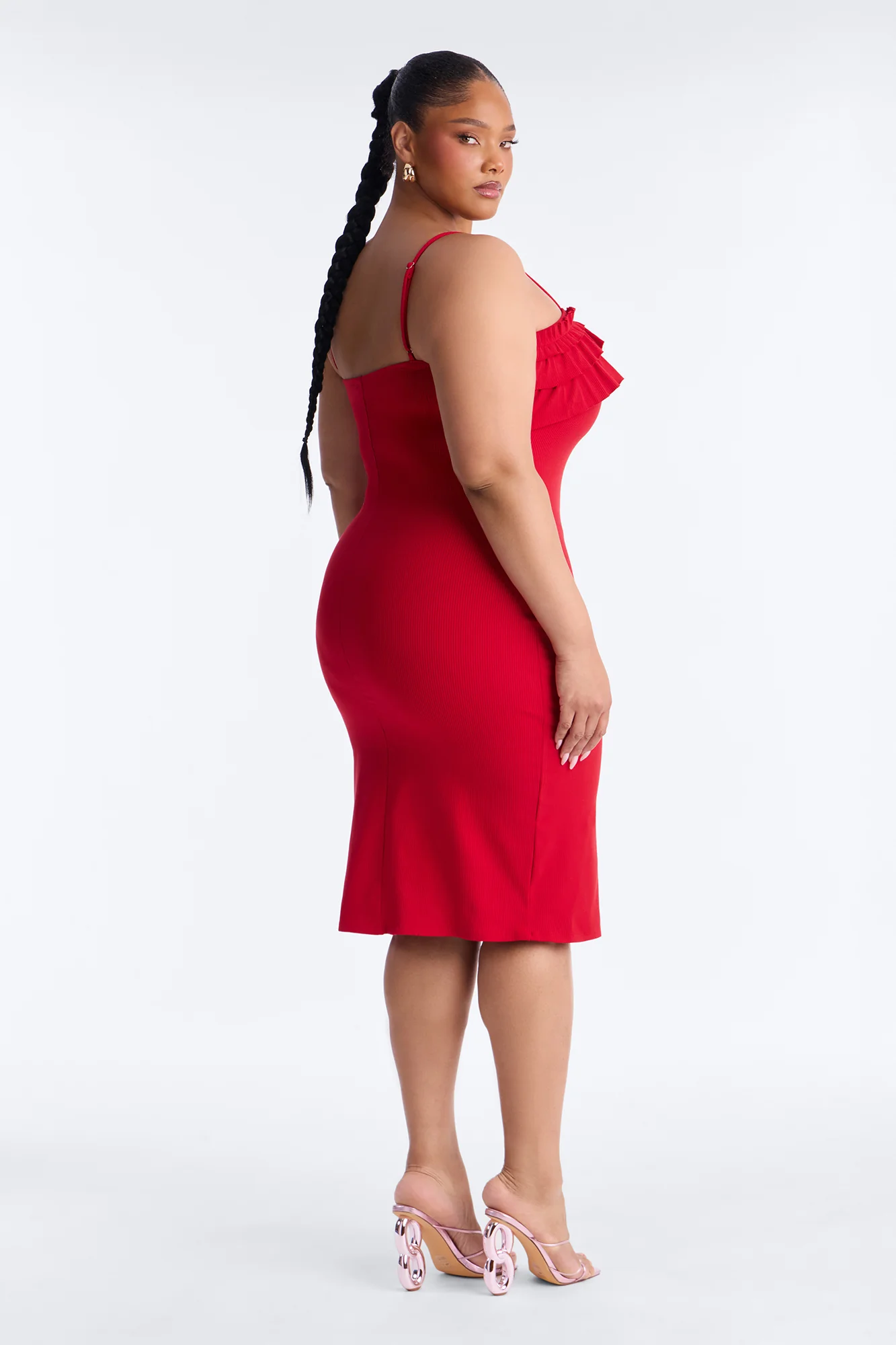 Paloma Ruffle Ribbed Midi Dress - Red - Image 8