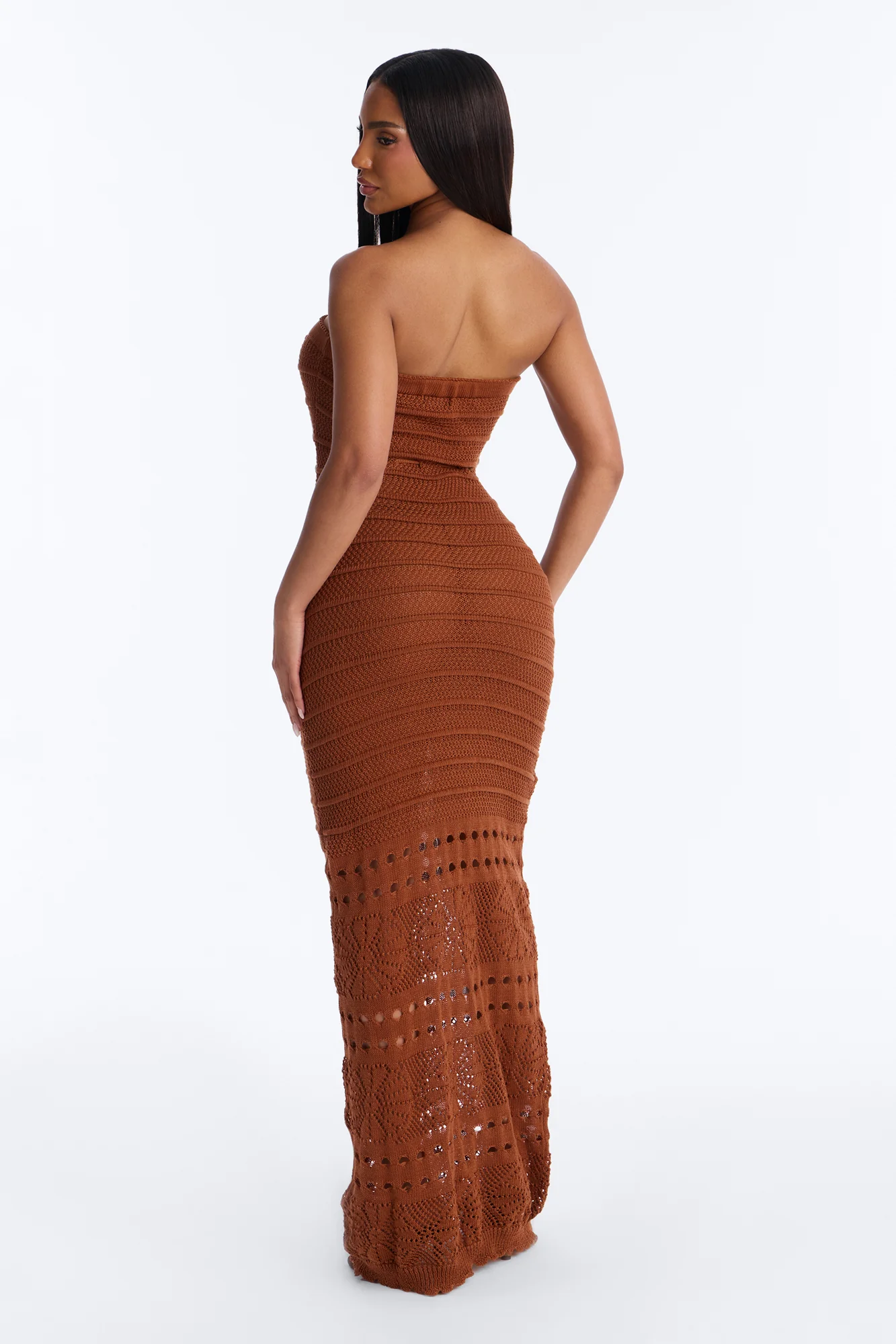 Pam Springs Strapless Crochet Maxi Dress - Cognac - Image 3