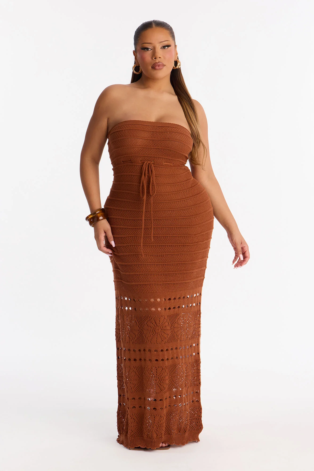 Pam Springs Strapless Crochet Maxi Dress - Cognac - Image 4