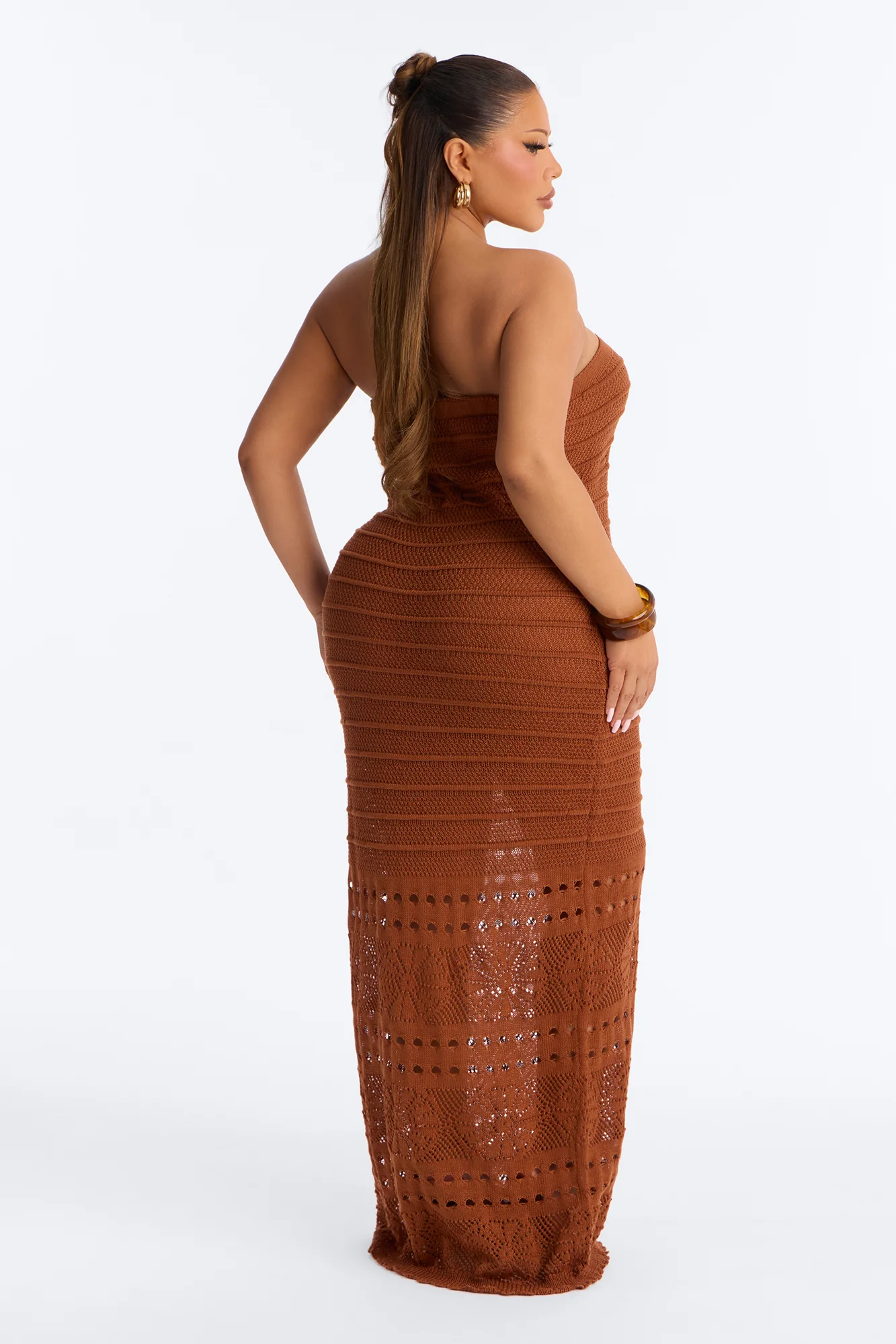 Pam Springs Strapless Crochet Maxi Dress - Cognac - Image 7