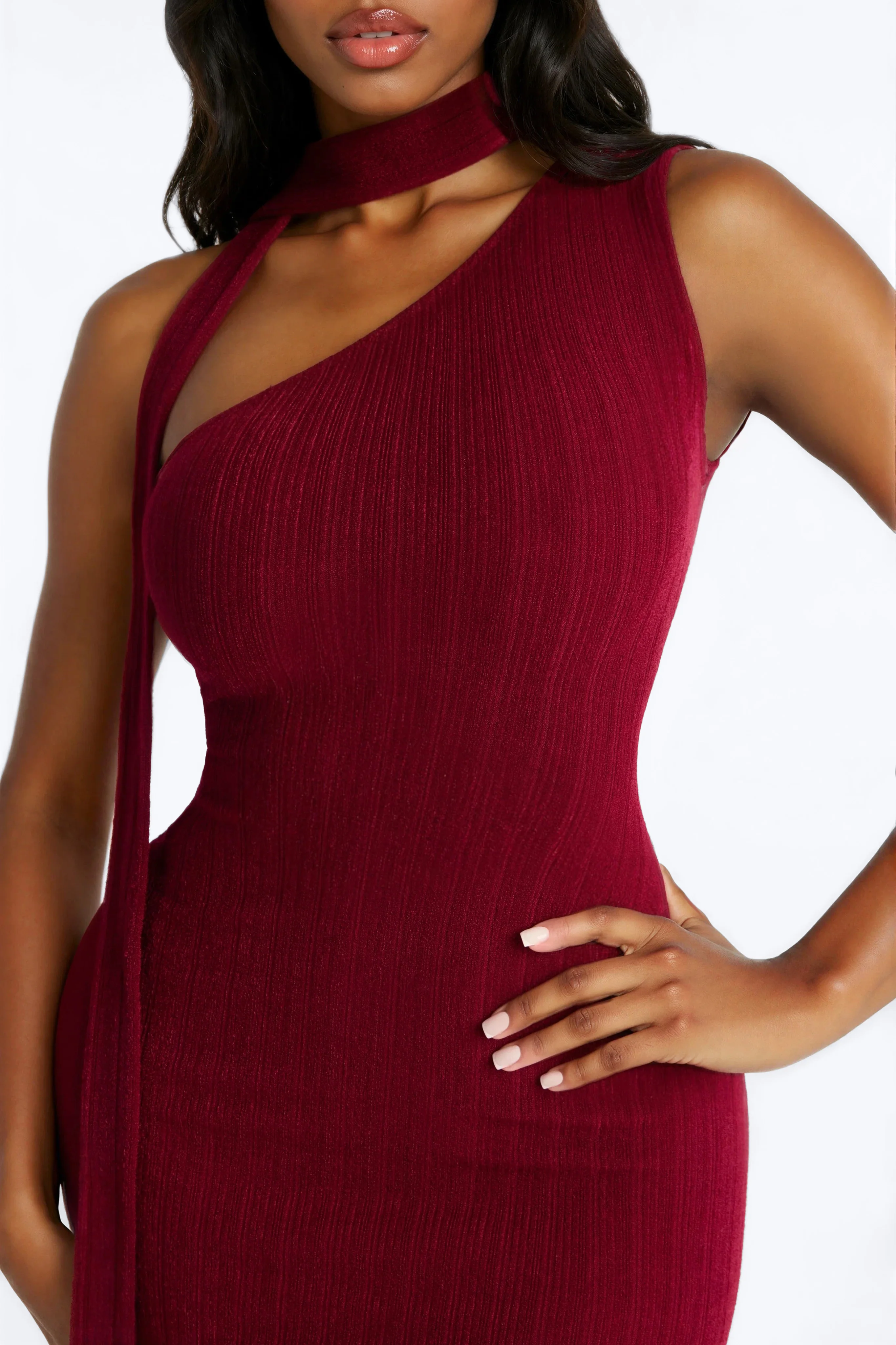 Pamela Scarf Textured Midi Dress - Wine - Image 3