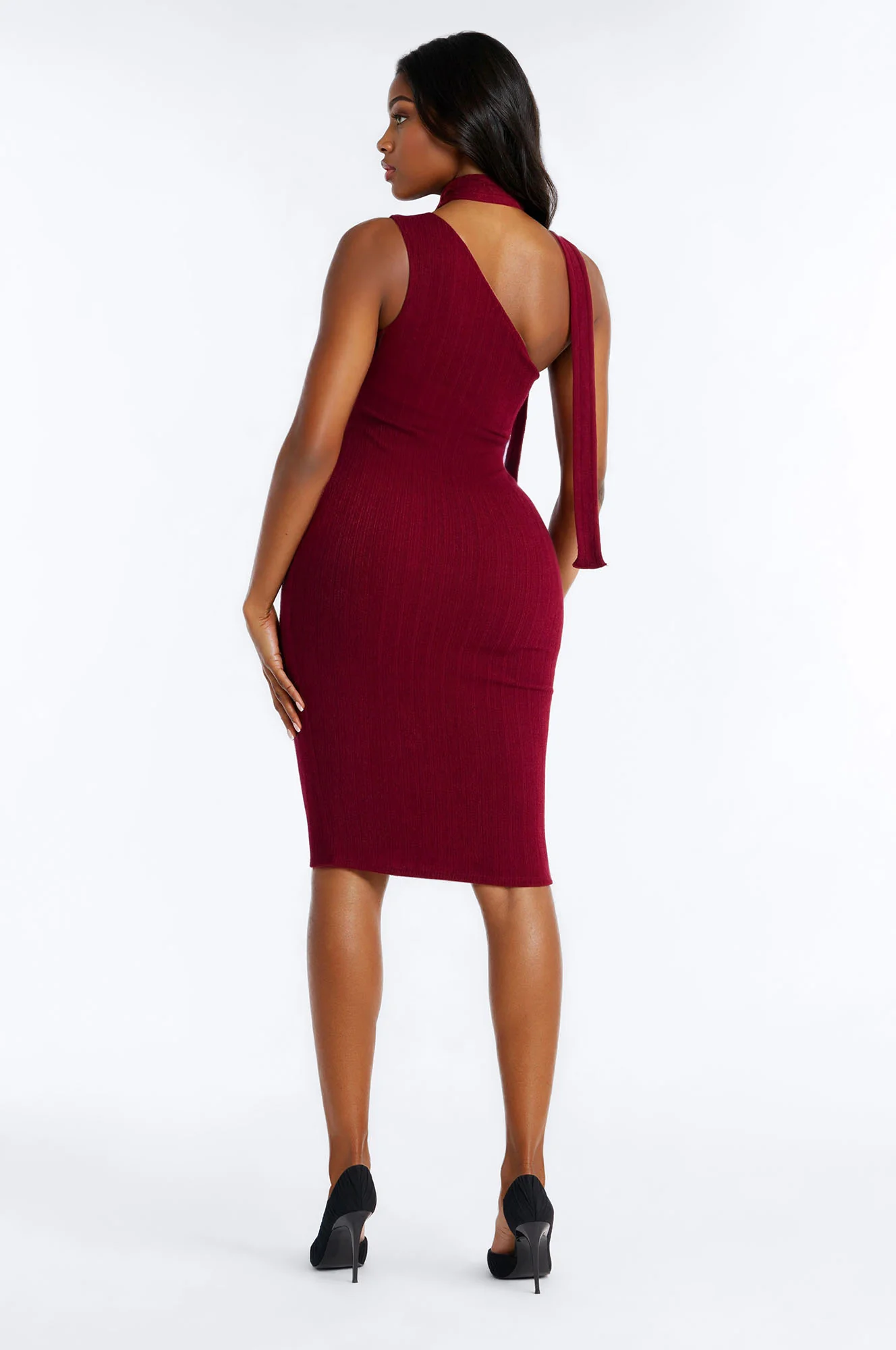 Pamela Scarf Textured Midi Dress - Wine - Image 4