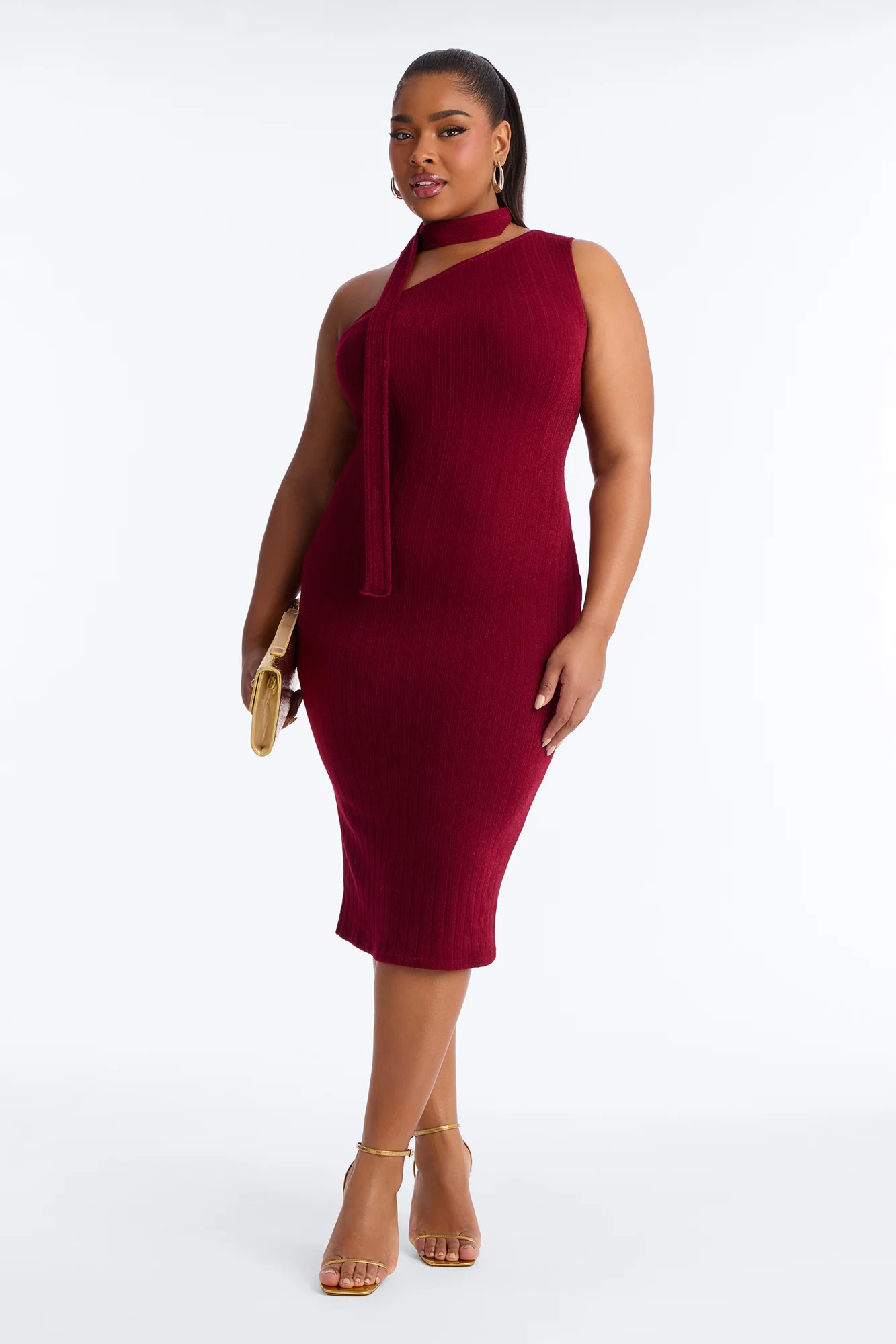 Pamela Scarf Textured Midi Dress - Wine - Image 5