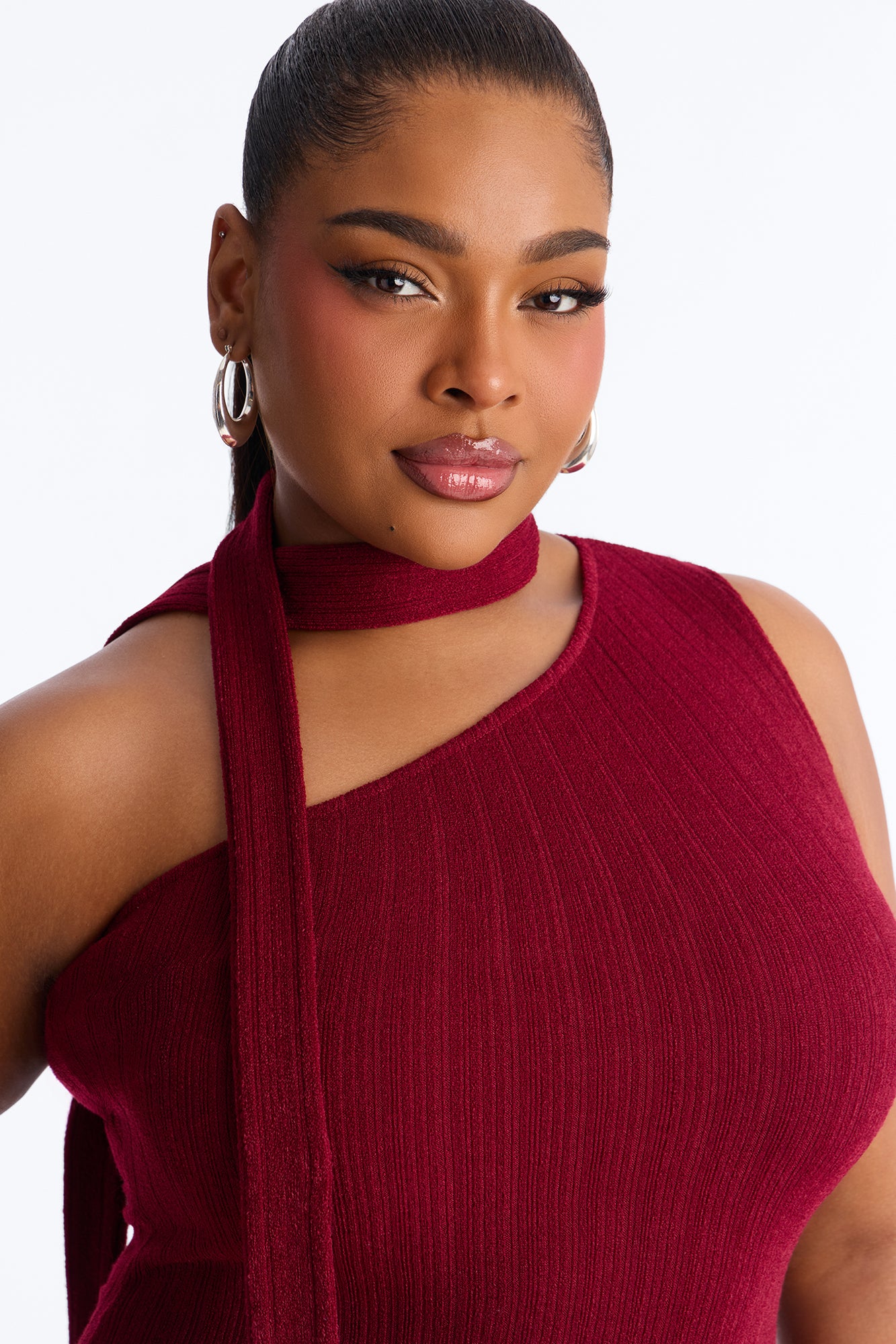 Pamela Scarf Textured Midi Dress - Wine - Image 7
