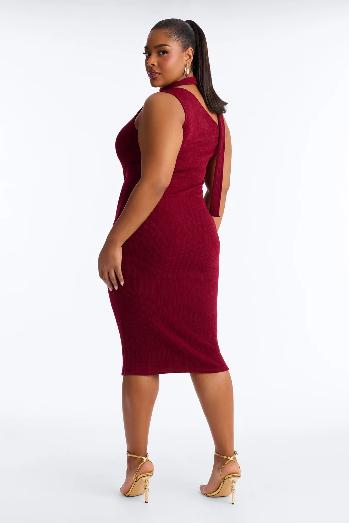 Pamela Scarf Textured Midi Dress - Wine - Image 8
