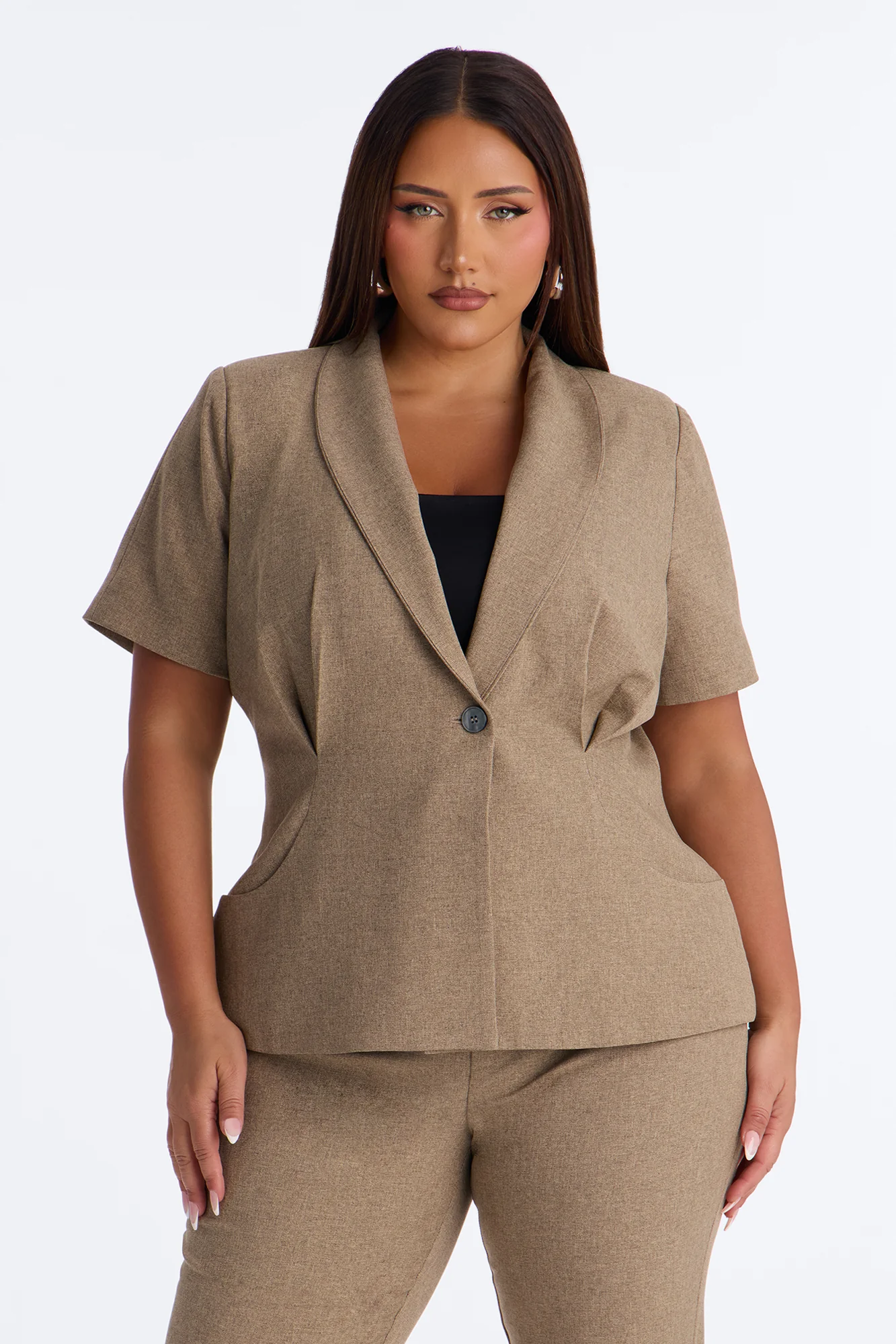 Panthere Short Sleeve Rounded Stand Collar Blazer - Caffe - Image 4